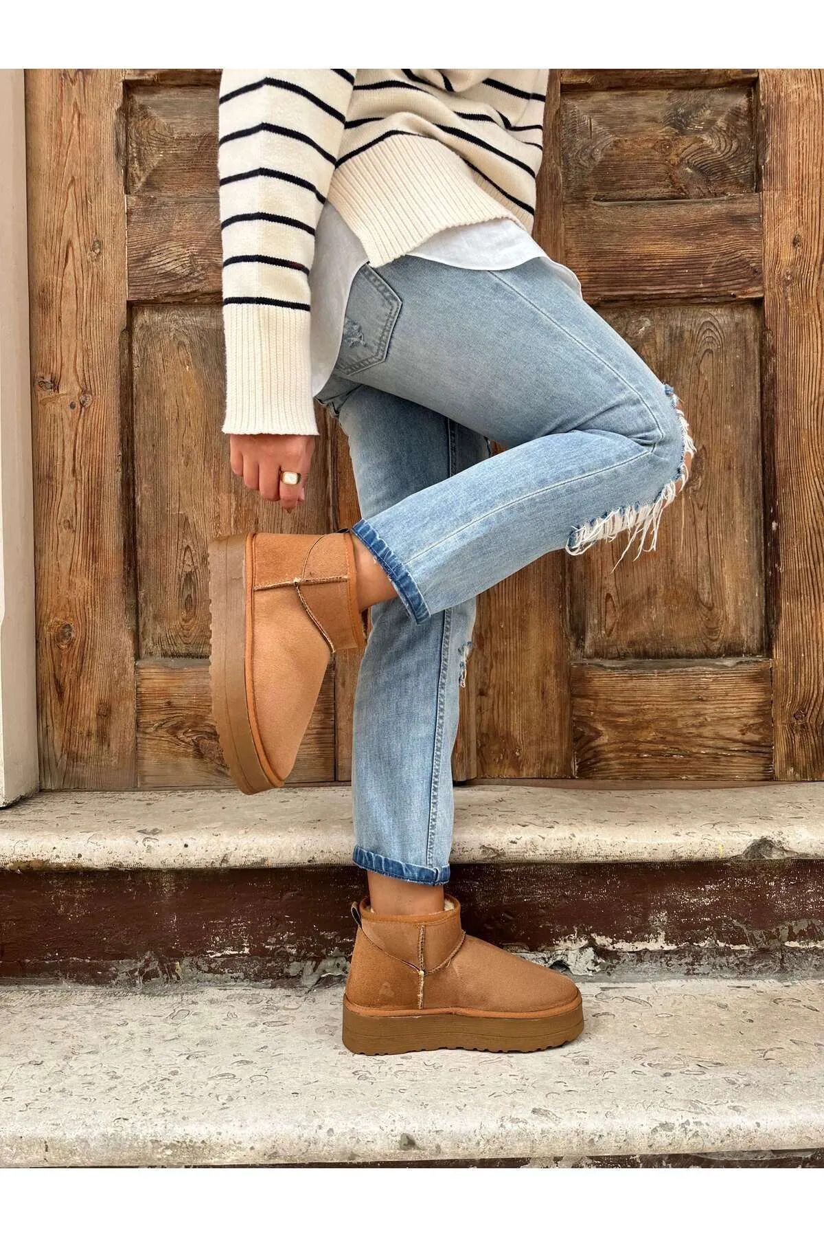 moun shoes Women's Thick Sole Fur-Lined Ankle Boots Tefis Tan Suede