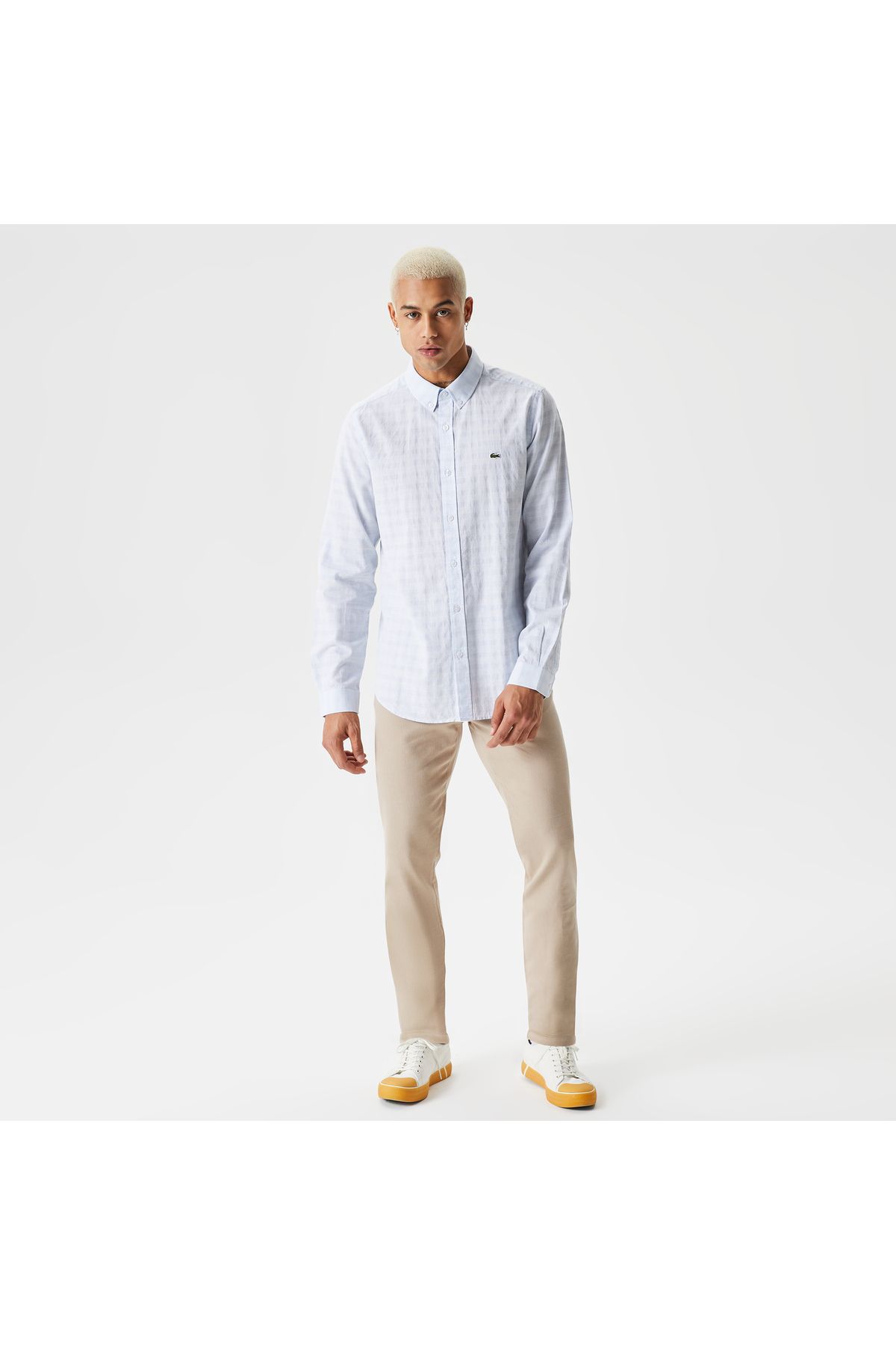 پیراهن / بلوز دکمه دار آبی مردانه یقه باریک اورجینال Lacoste