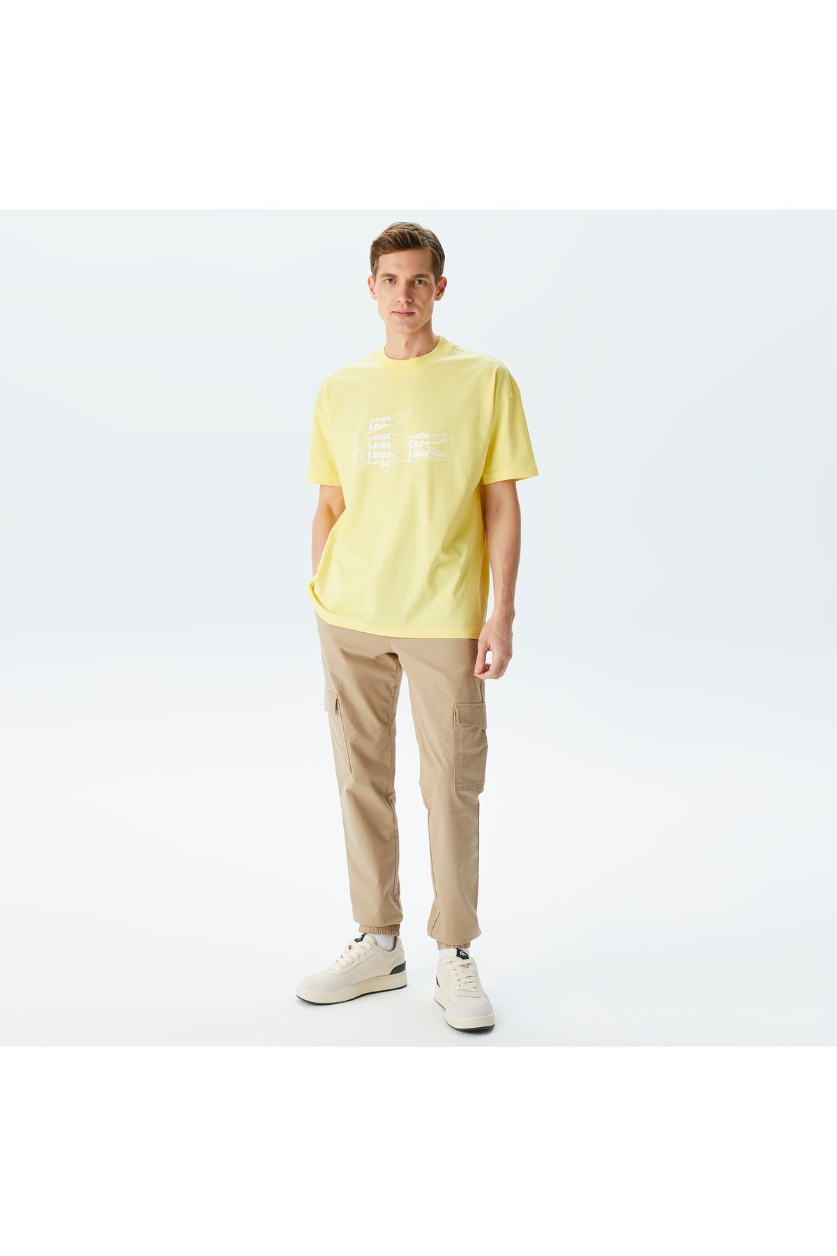 تی شرت زرد مردانه یقه دوچرخه مناسب پیراهن طرح دار Lacoste