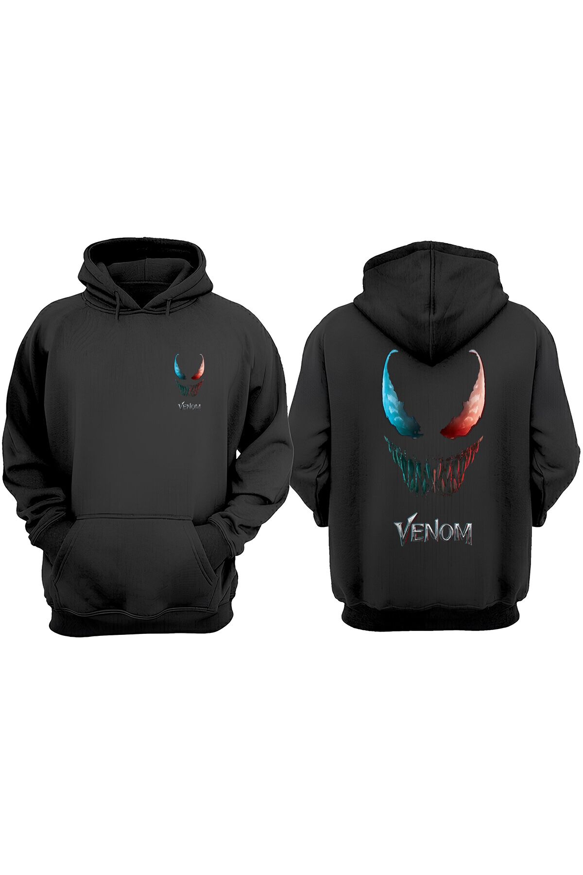 THEWERT-Hanorac negru unisex Venom Face Bule And Red Design Față Spate imprimat Regular Fit 1