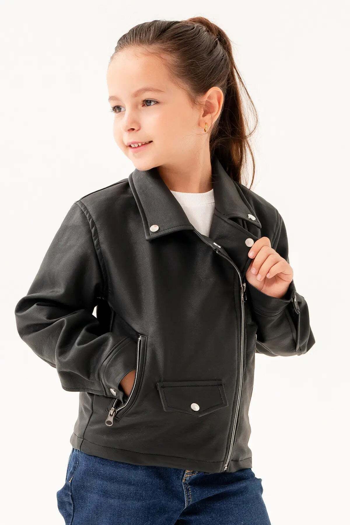 Gold Class Kidswear-Double Pocket Zippered Lined Girl's Leather Jacket 2