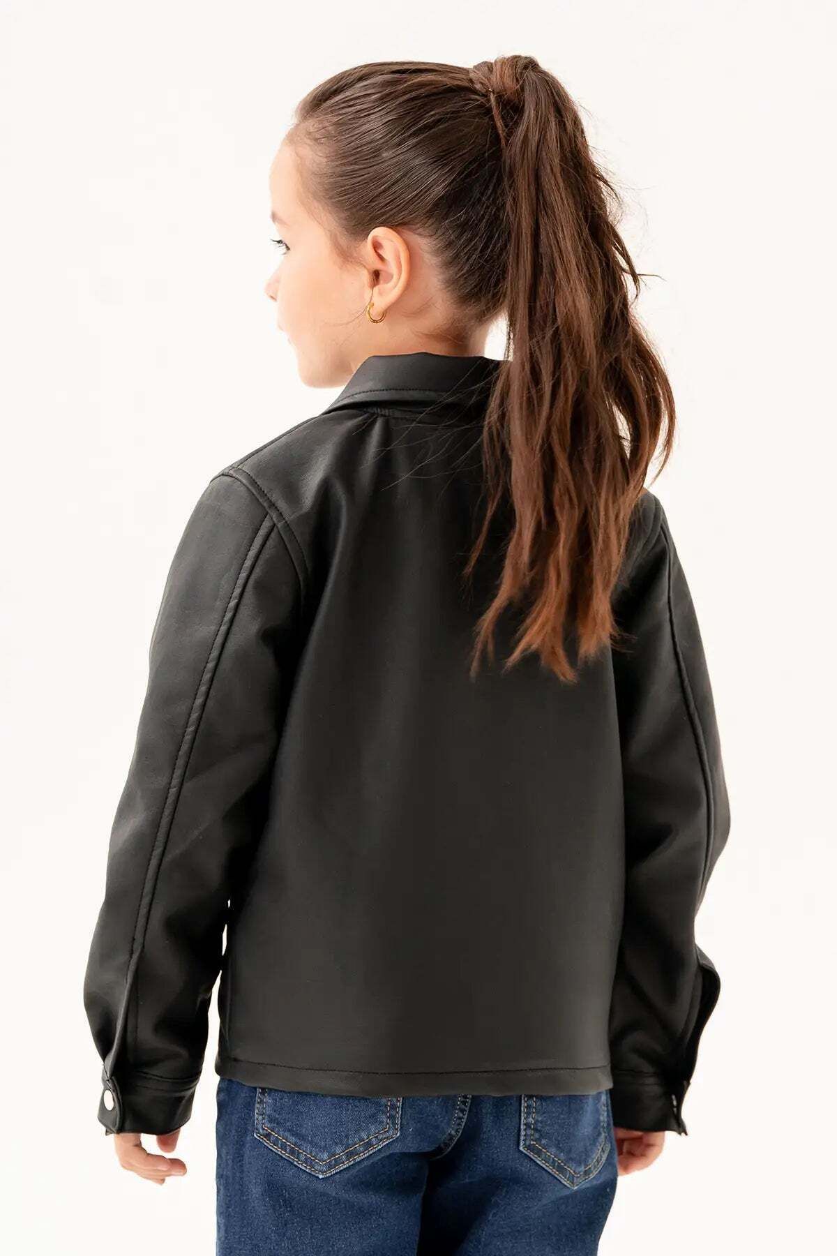 Gold Class Kidswear-Double Pocket Zippered Lined Girl's Leather Jacket 5