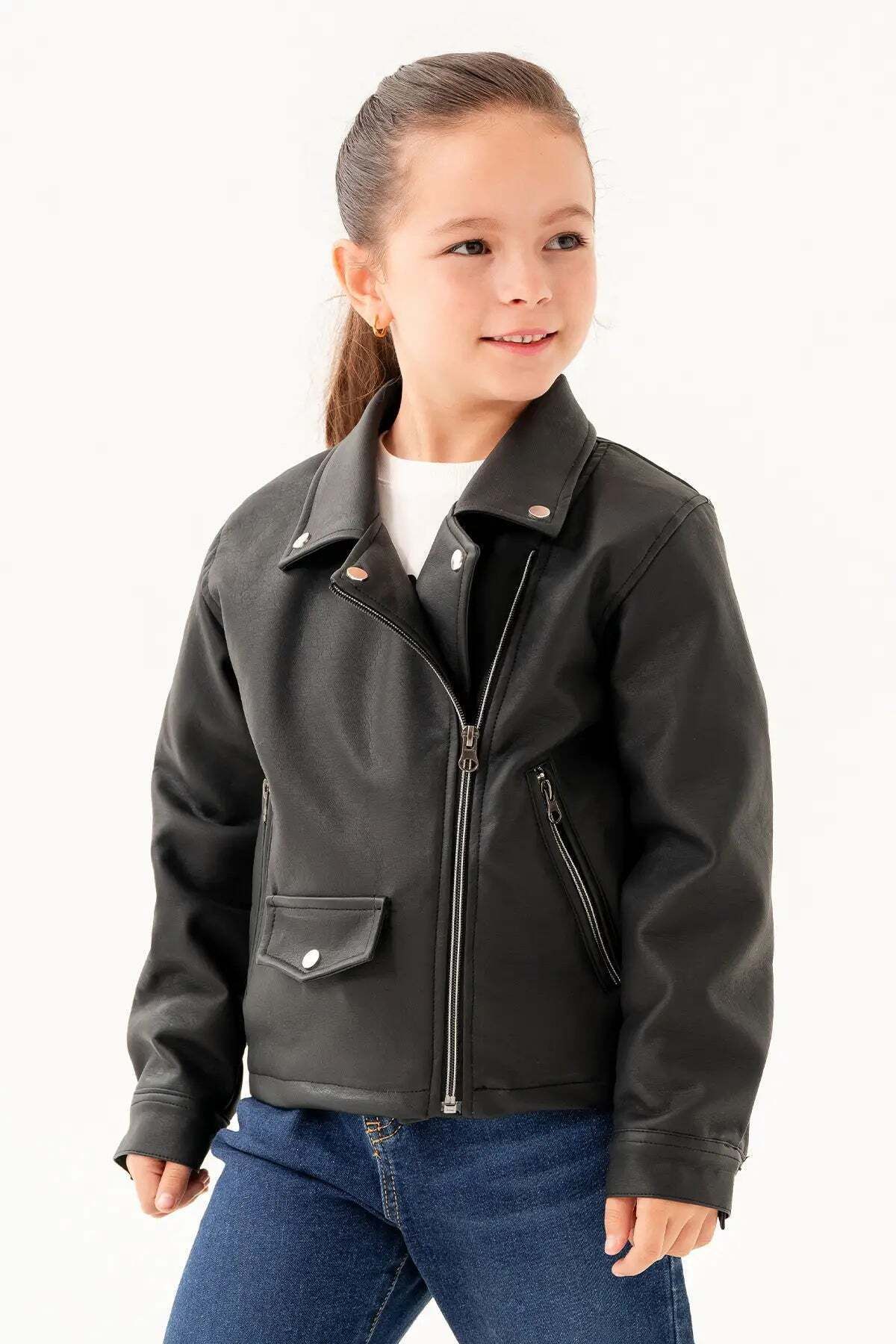 Gold Class Kidswear-Double Pocket Zippered Lined Girl's Leather Jacket 6