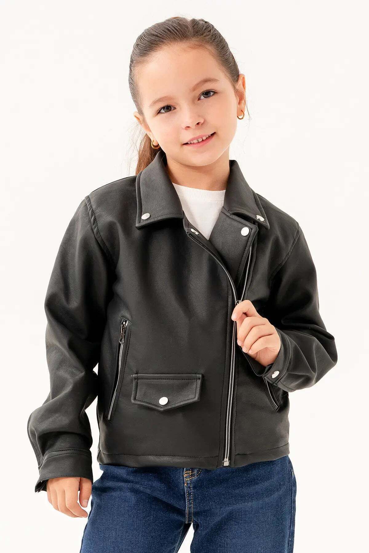 Gold Class Kidswear-Double Pocket Zippered Lined Girl's Leather Jacket 1