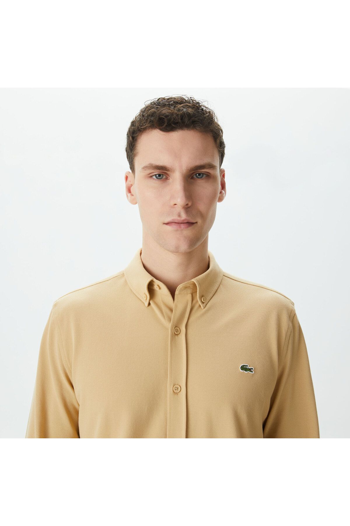 پیراهن / بلوز دکمه دار زرد مردانه بژ باریک اورجینال Lacoste