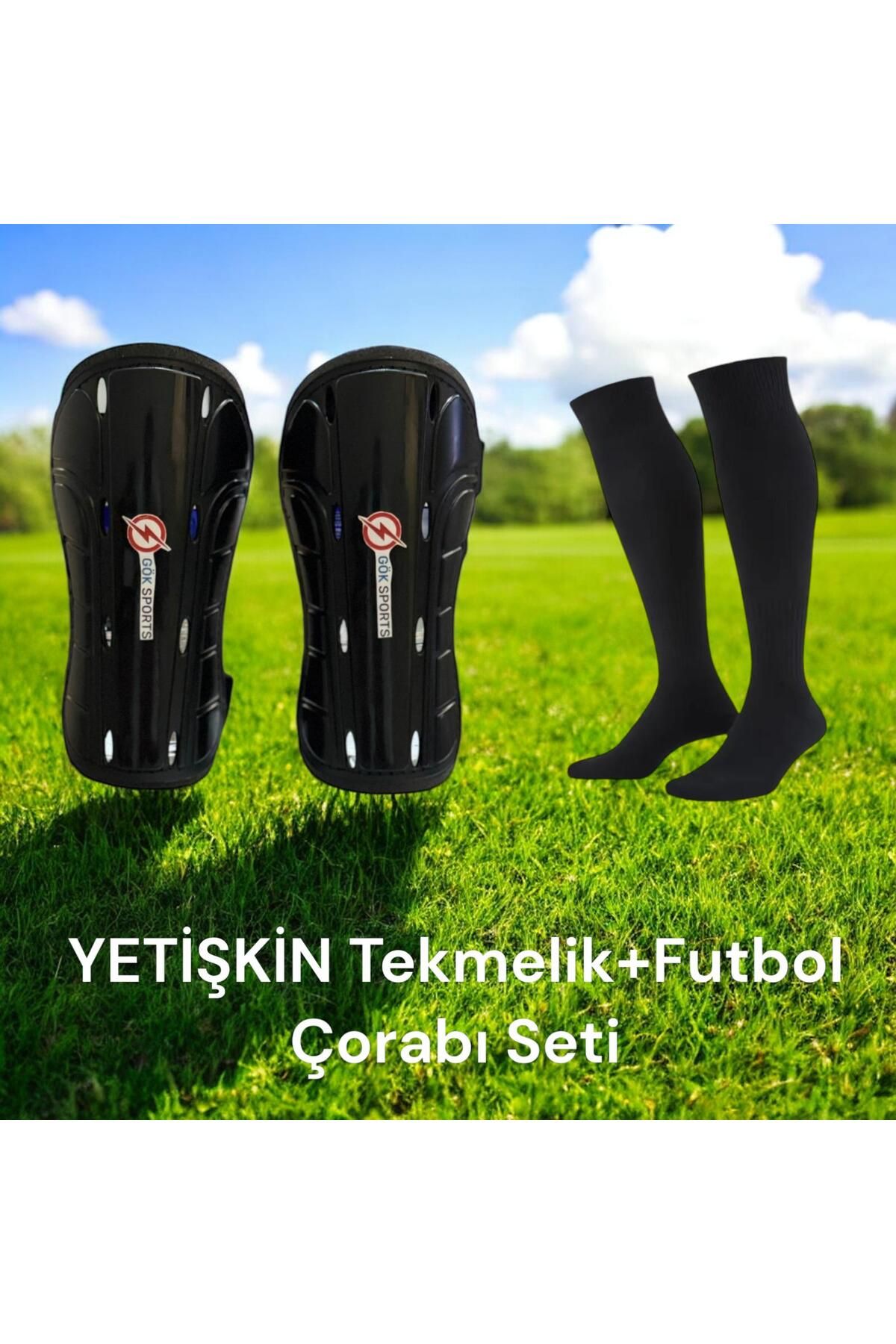 Gök Sports Yetişkin Futbol Tekmelik 2 Adet Kaval Koruyucu Çift Cırtlı Spor Futbol Tekmeliği Çorabı Seti