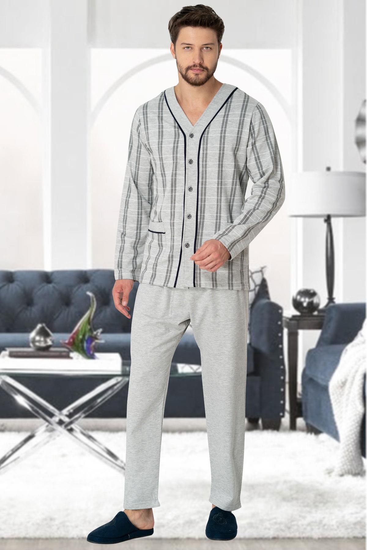 Mecit Pijama-Mecit 2767 Gray Front Buttoned Large Size Men's Pajama Set 1