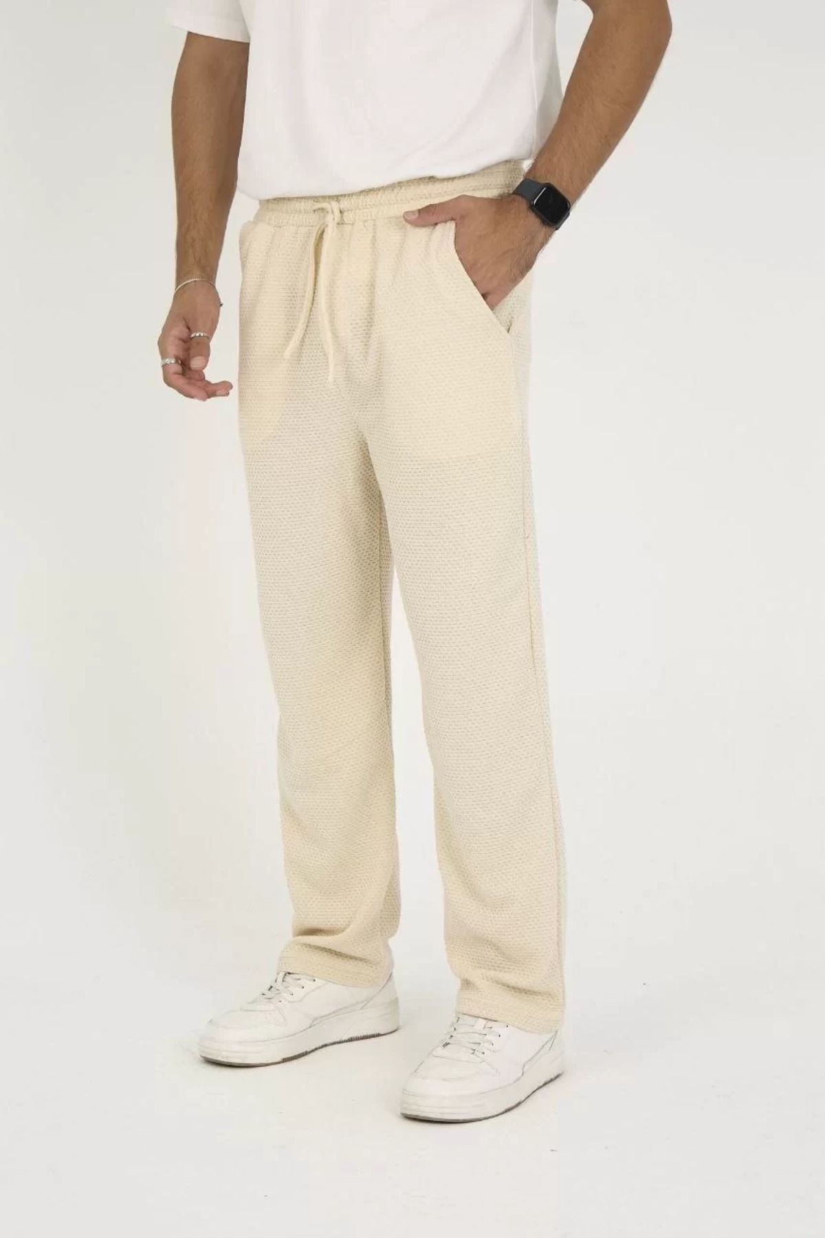 SA Alişveriş Dünyam Jakar Kutu Desenli Baggy Eşofman Pantolon - Bej