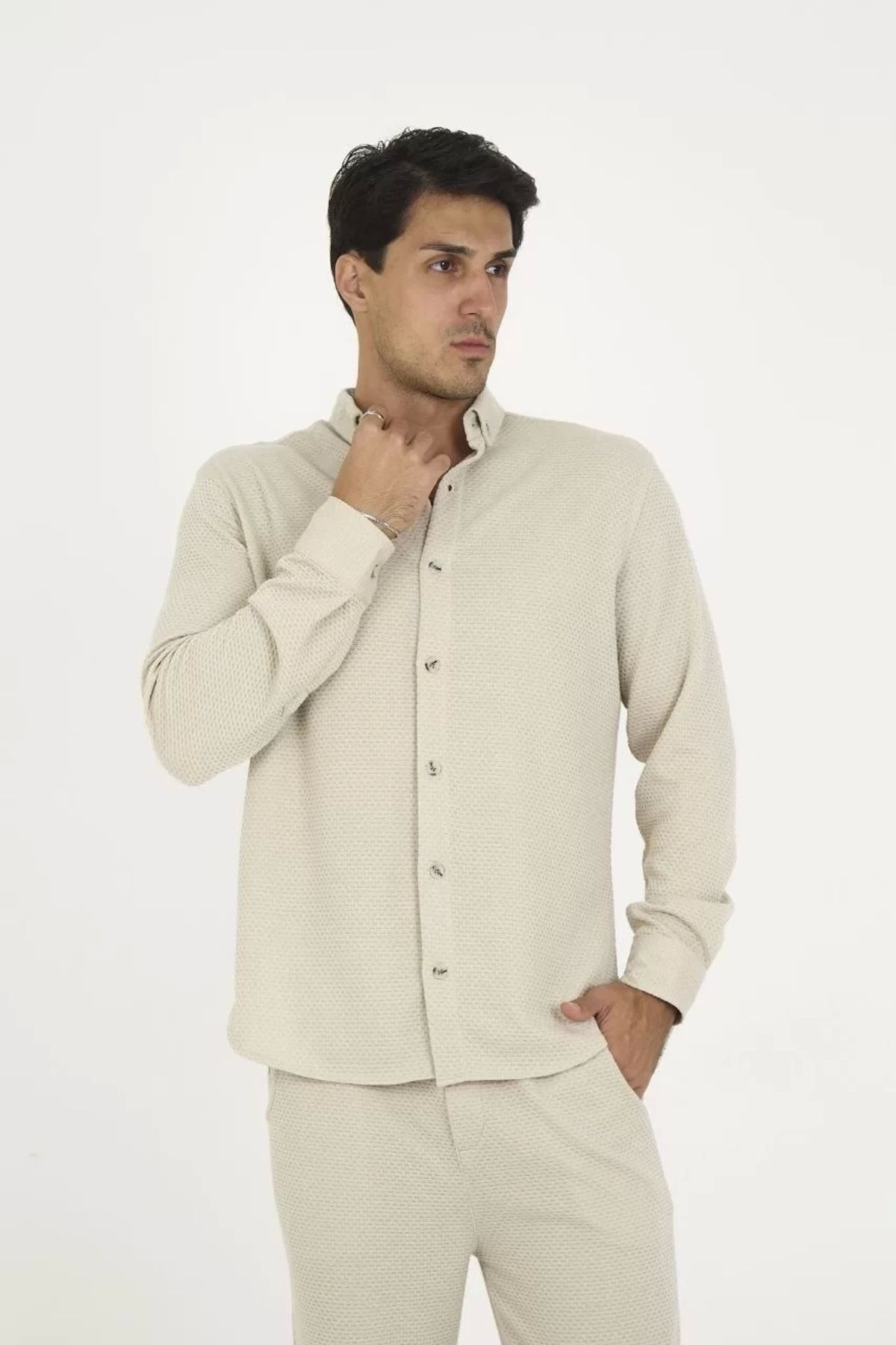 Mirage-Buttoned Full Fit Long Sleeve Jacquard Shirt - Gray 3