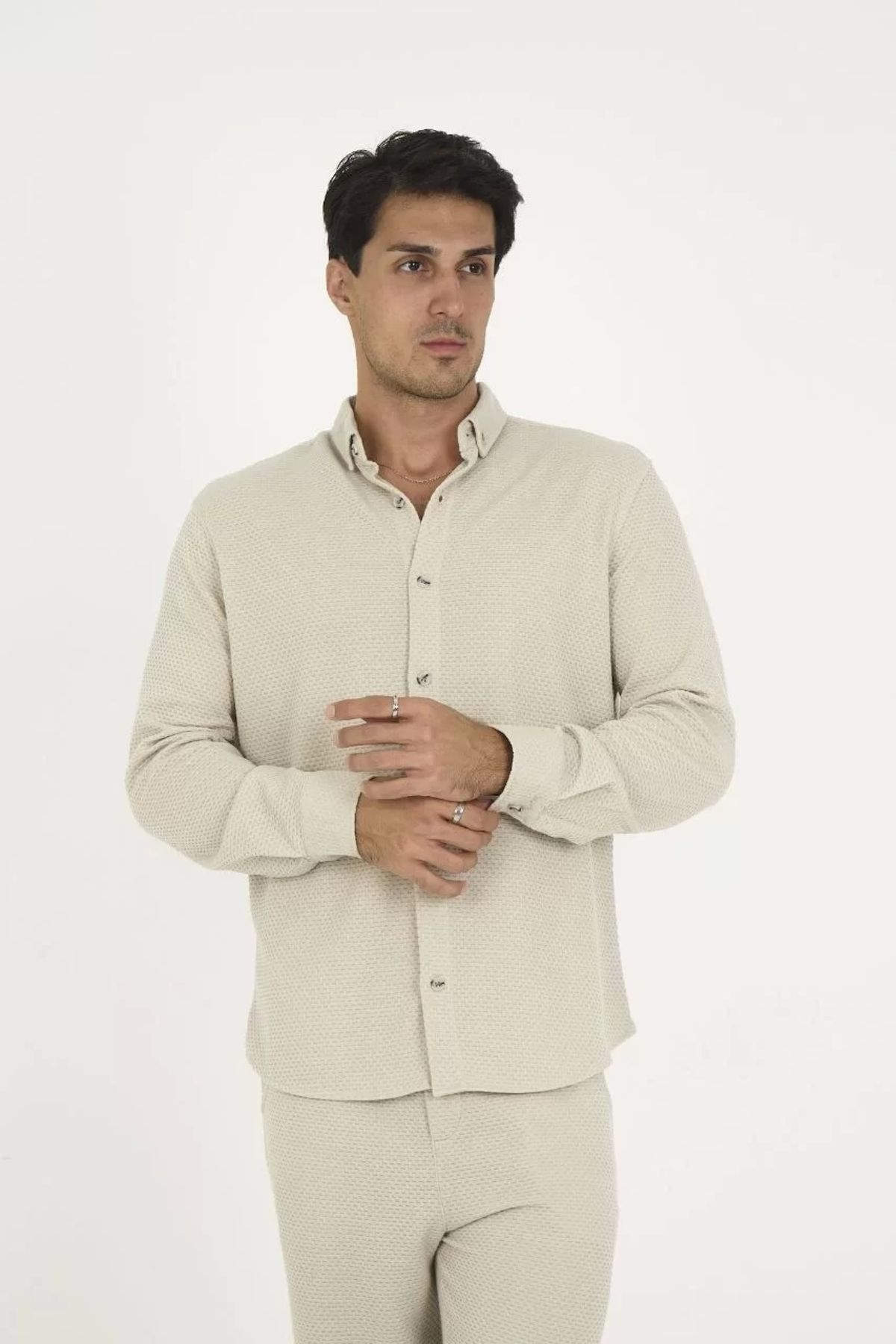 Mirage-Buttoned Full Fit Long Sleeve Jacquard Shirt - Gray 2