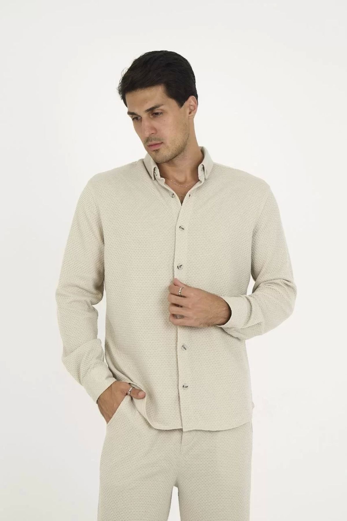 Mirage-Buttoned Full Fit Long Sleeve Jacquard Shirt - Gray 4