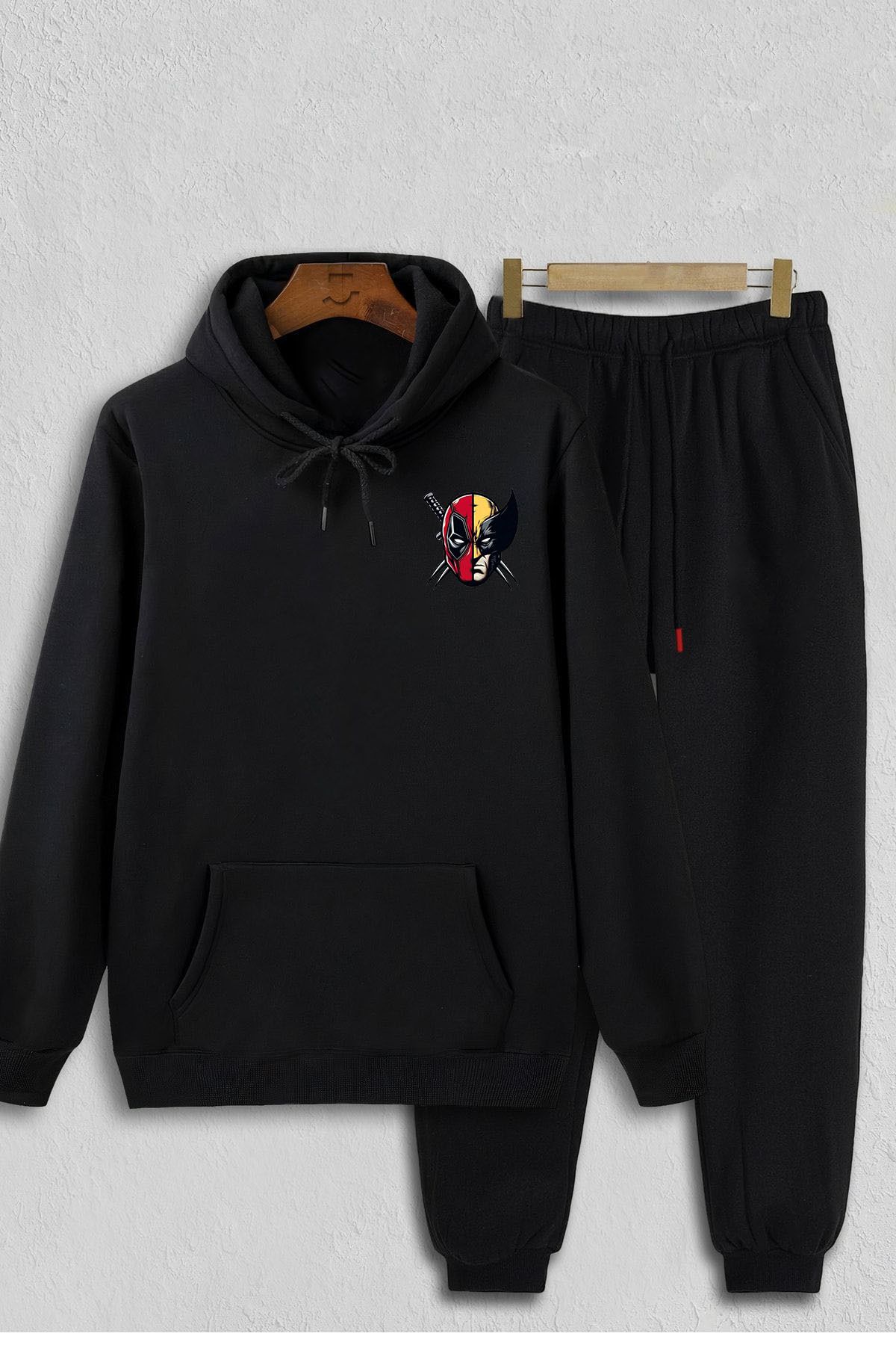 aynewmoda-Deadpool and Wolverine Patterned Black Hooded Sweatshirt and Sweatpants - Oversize 2