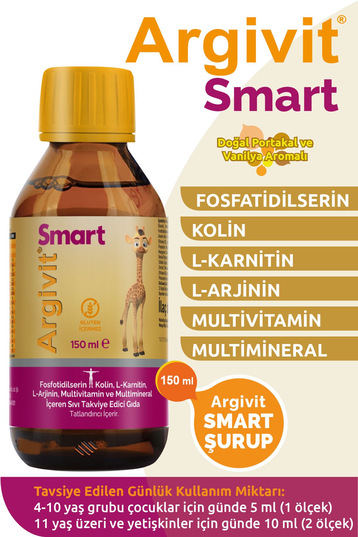 Argivit Smart Fosfatidilserin, Kolin, Multivitamin Ve Multimineral Şurup 150 ml - Portakal Vanilya Aromalı