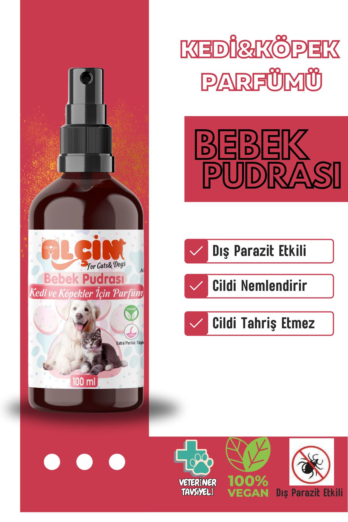 ALÇİN Kedi Ve Köpek Parfümü Parazit Karşıtı Içerikli Bebek Pudrası Kokulu 100 Ml. Cam Şişe