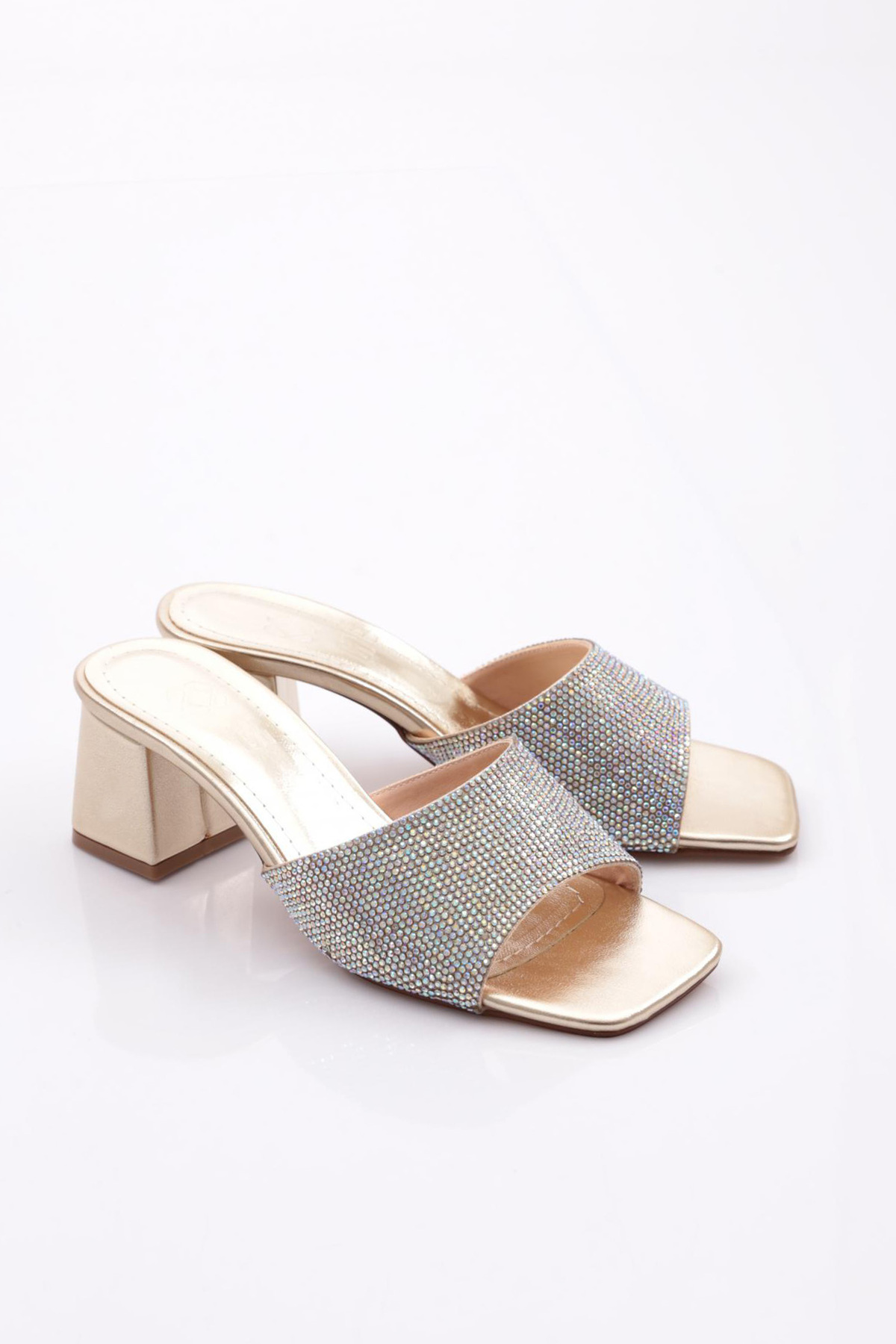 DGN-Women's Gold Metallic Heeled Stone Tussle Slippers 2121452621 2