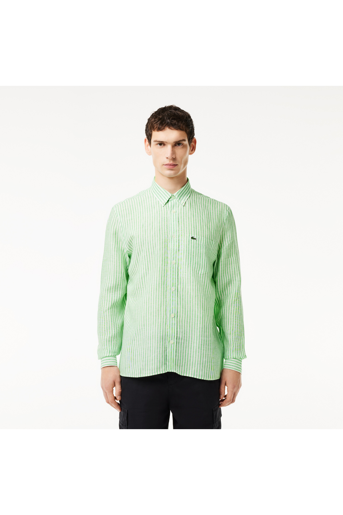 پیراهن مردانه یقه دکمه‌دار معمولی، کتان راه‌راه، سبز لاگوست پیراهن Lacoste