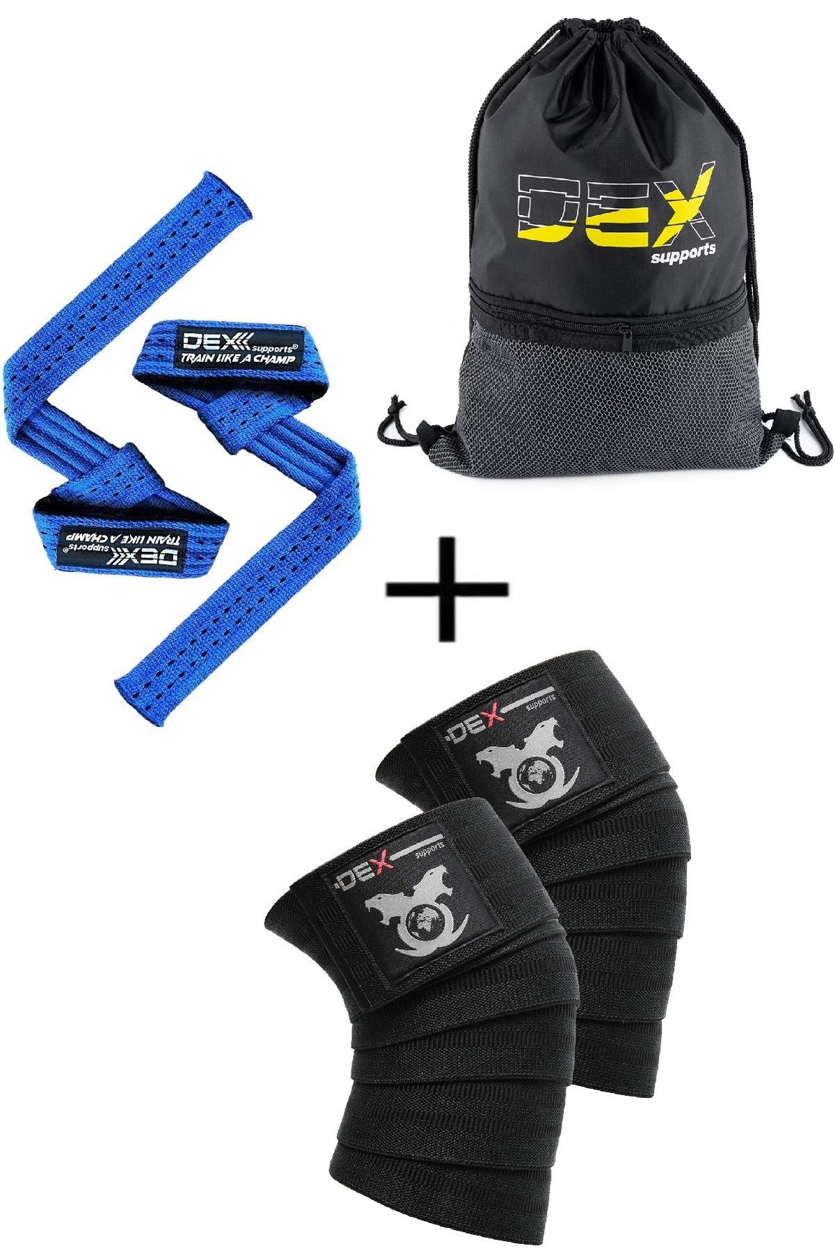 Dex Supports Ağırlık Kaldırma Kayışı Lifting Straps Mavi+Fitness Dizliği Knee Wraps Legend+Sackpack 3'lü Paket