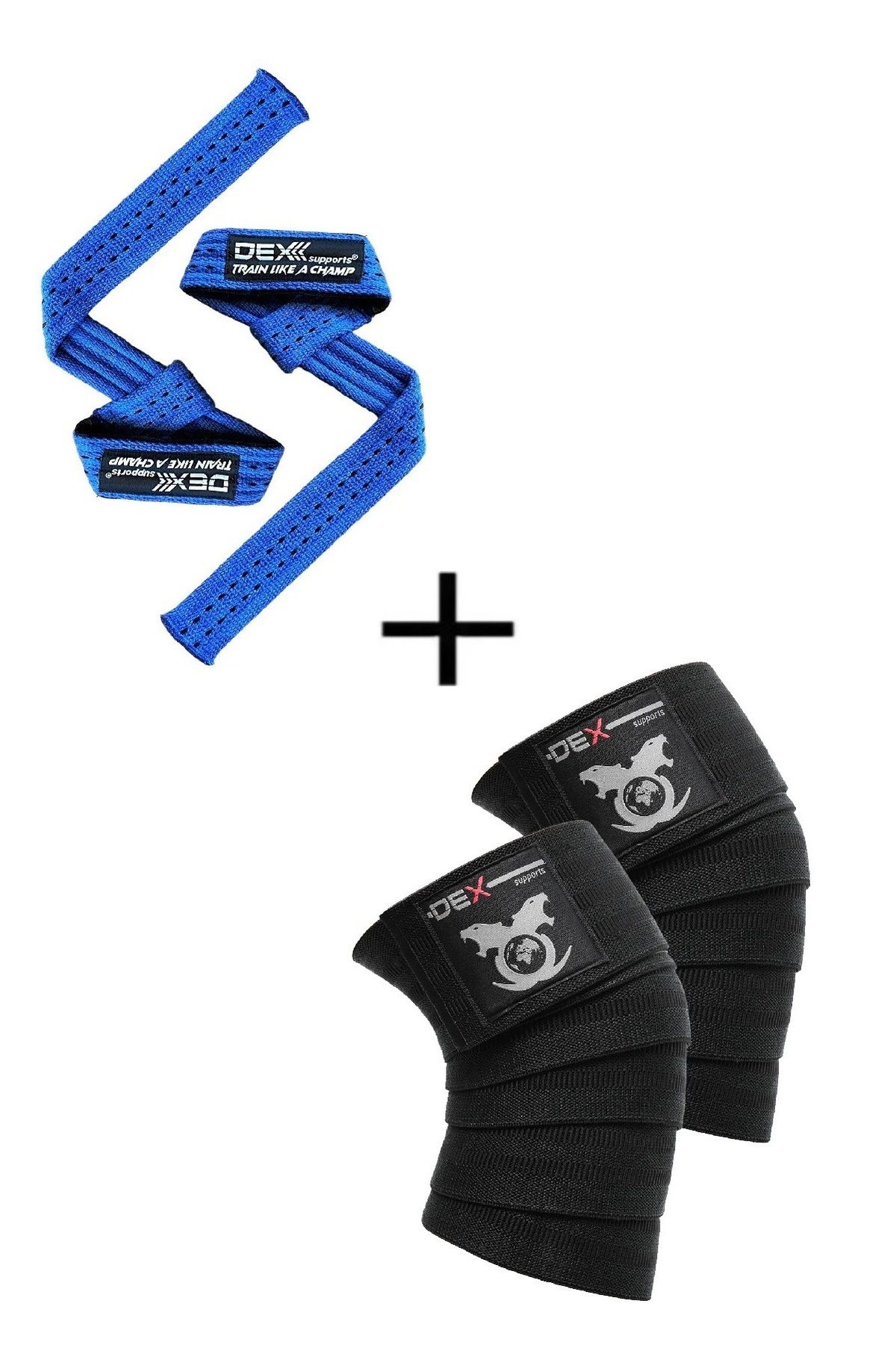 Dex Supports Ağırlık Kaldırma Kayışı Lifting Straps Pro Mavi + Antrenman Dizliği Knee Wraps Legend 2'li Paket