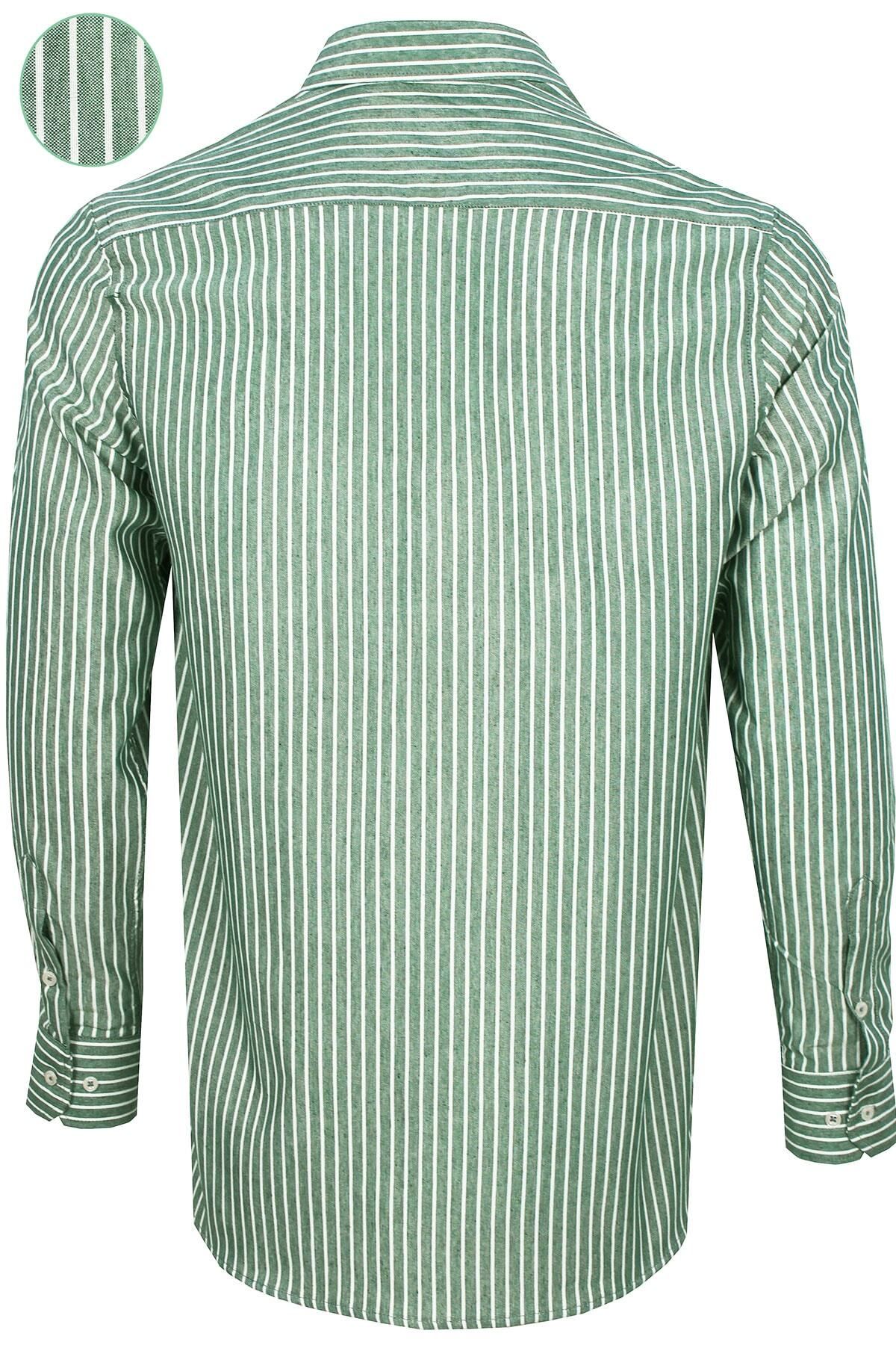 Varetta-Men's Green Striped Collar Buttoned Long Sleeve Wide Cut Shirt 3