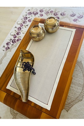 the chanta El Yapımı Antika Ajurlu İşlenebilir Linen Runner Ekru 80x40cm