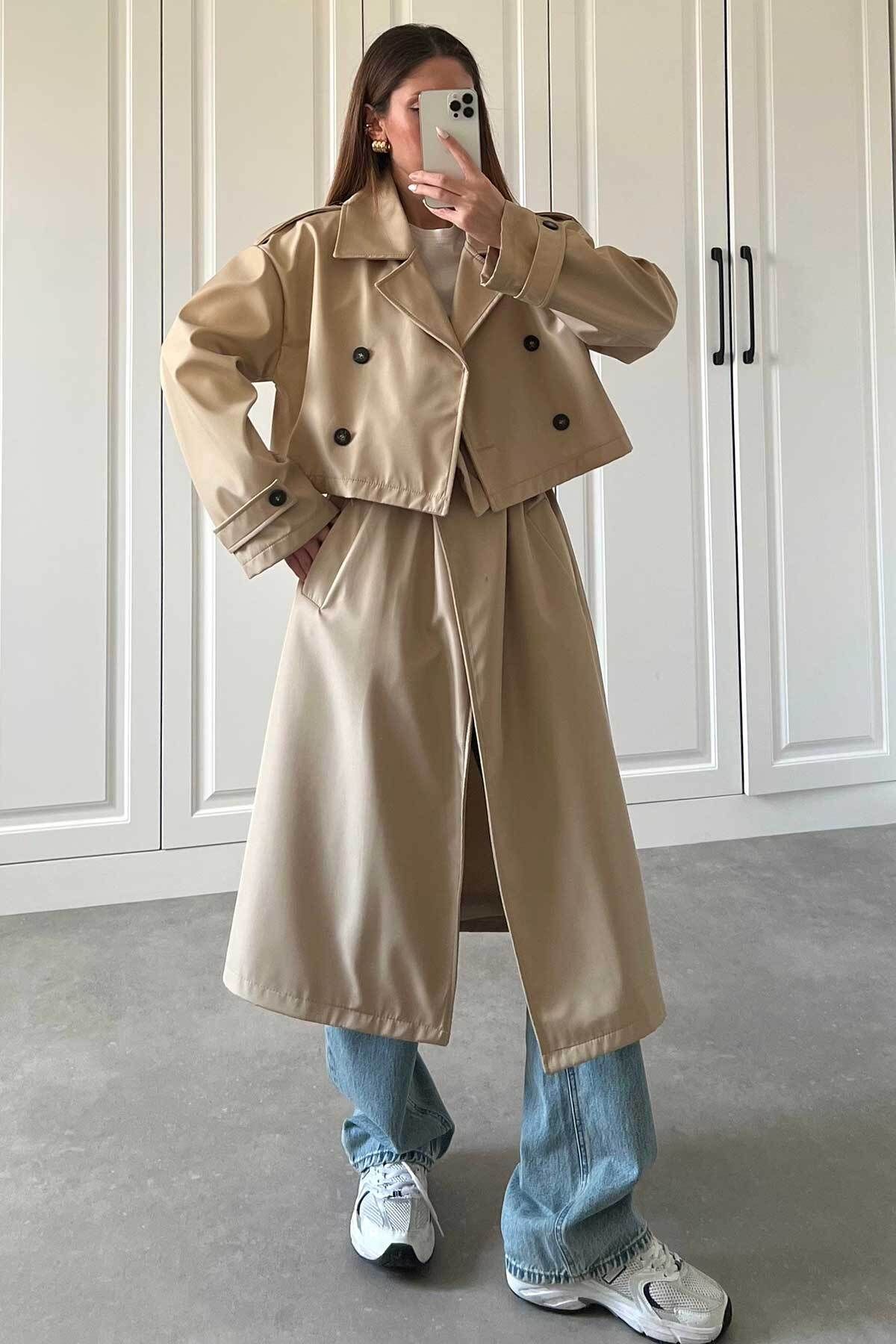 Big Love-Beige Magic Two Piece Trench Coat - Vest and Crop Trench Coat 1