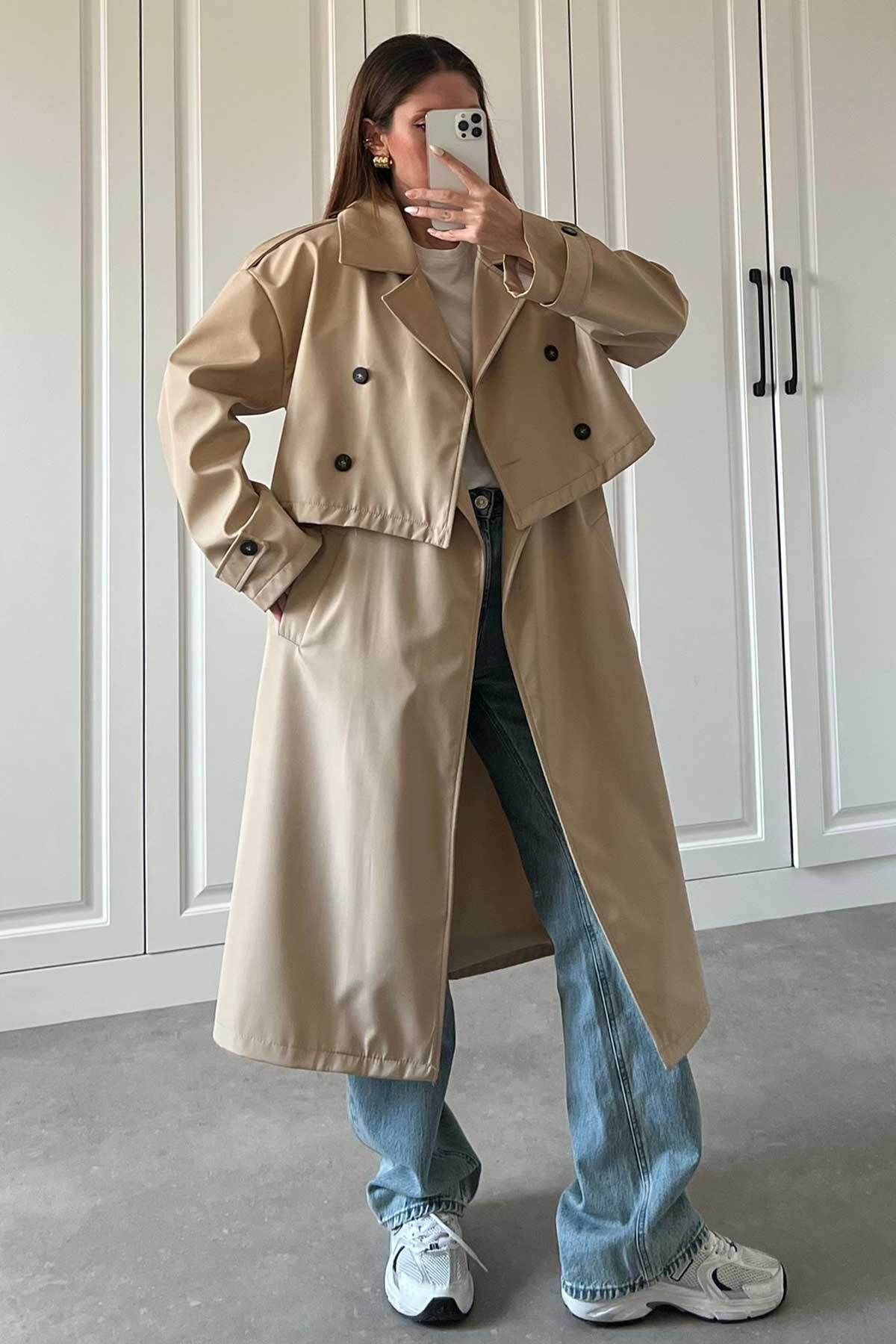 Big Love-Beige Magic Two Piece Trench Coat - Vest and Crop Trench Coat 4