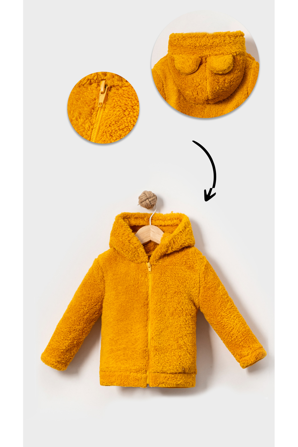 Bubito Fermuarlı Kapüşonlu Bebek Peluş Welsoft Kışlık Hırka-Hardal fotoğrafı 2 (önizleme)