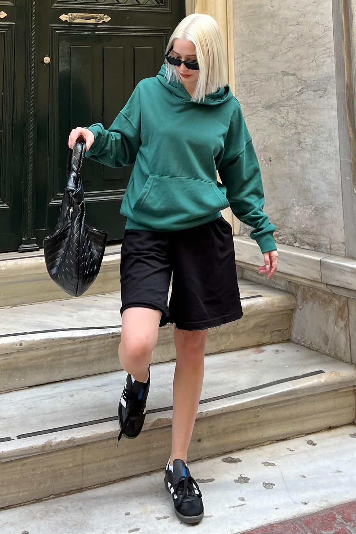 Madmext-Dark Green Hooded Oversize Pocket Sweatshirt Mg2207 3