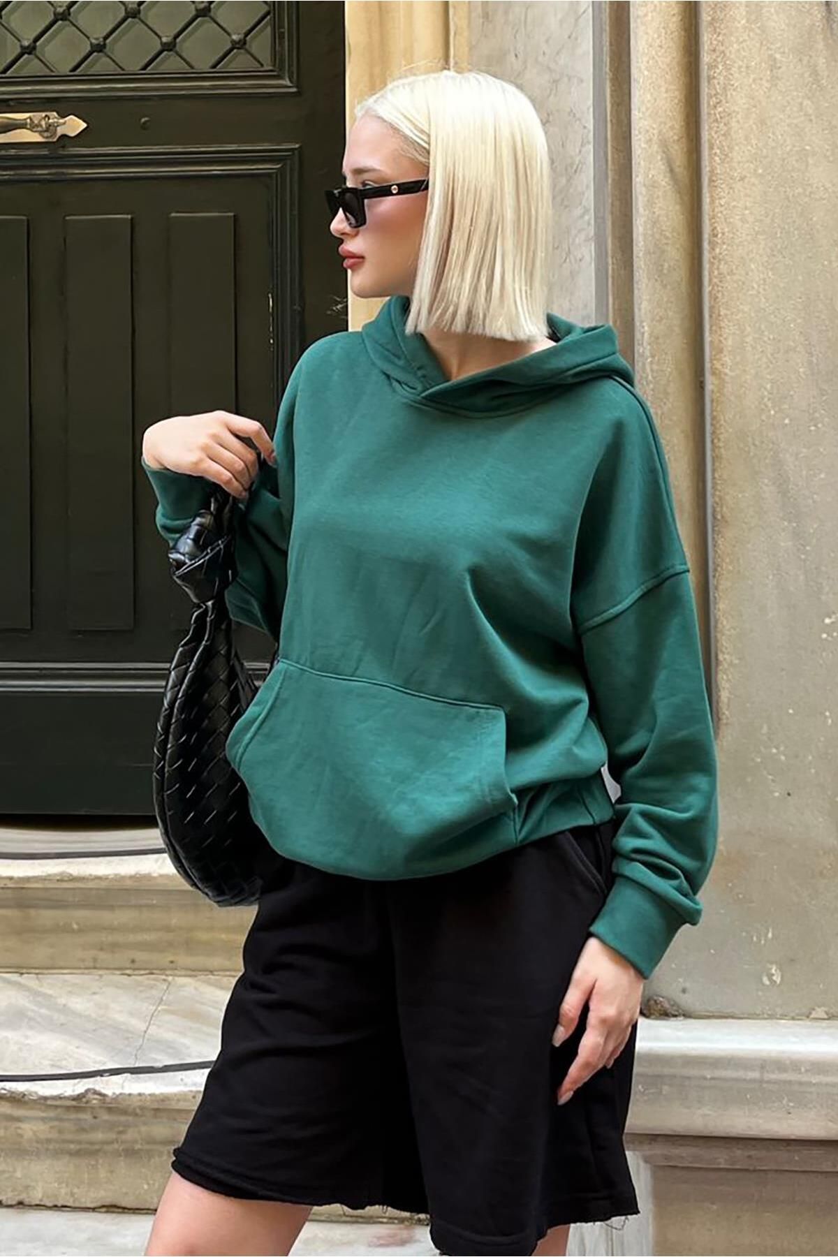 Madmext-Dark Green Hooded Oversize Pocket Sweatshirt Mg2207 4