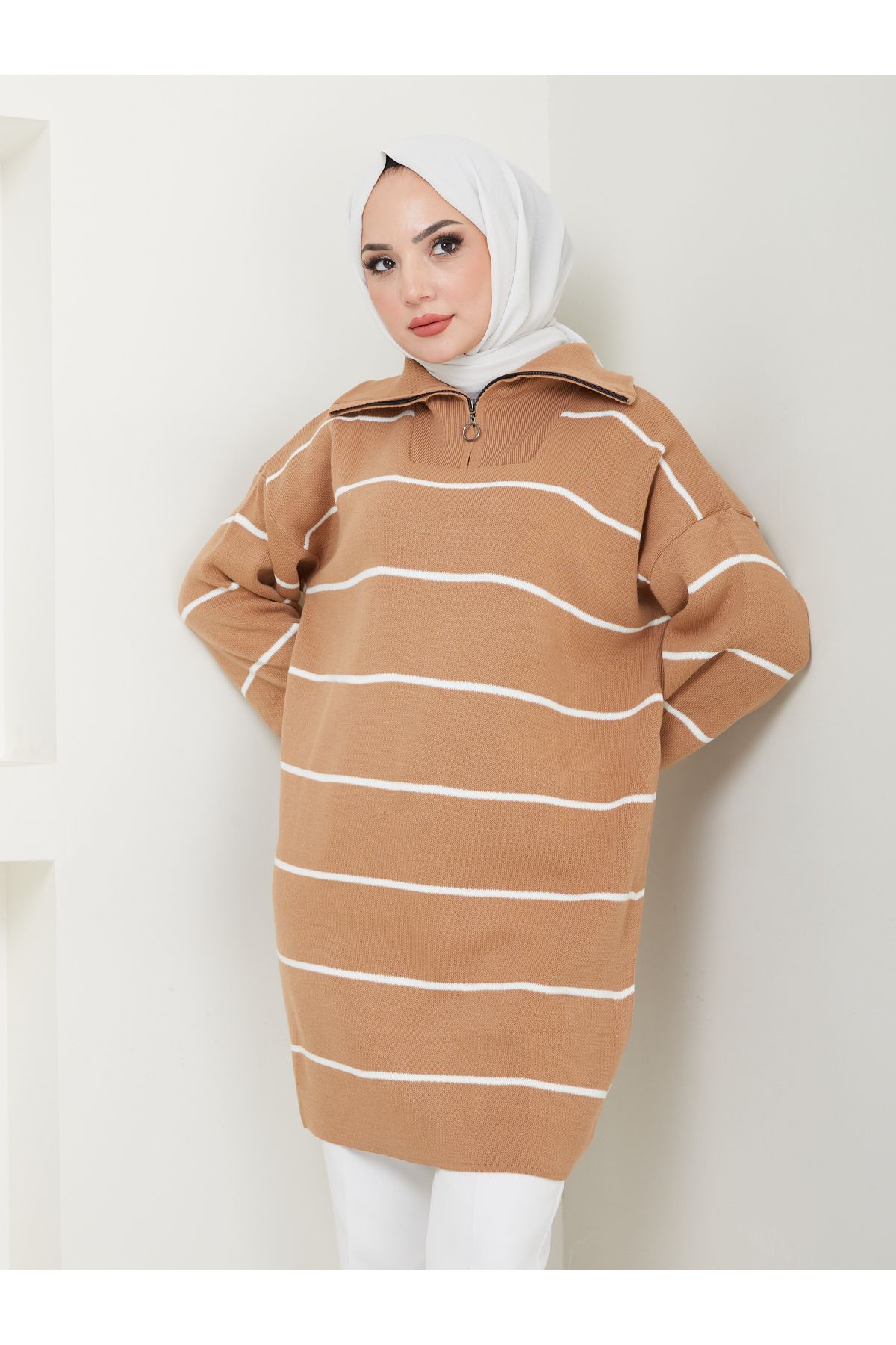 VOLT CLOTHİNG-Women's Striped Zippered Knitwear Tunic 6