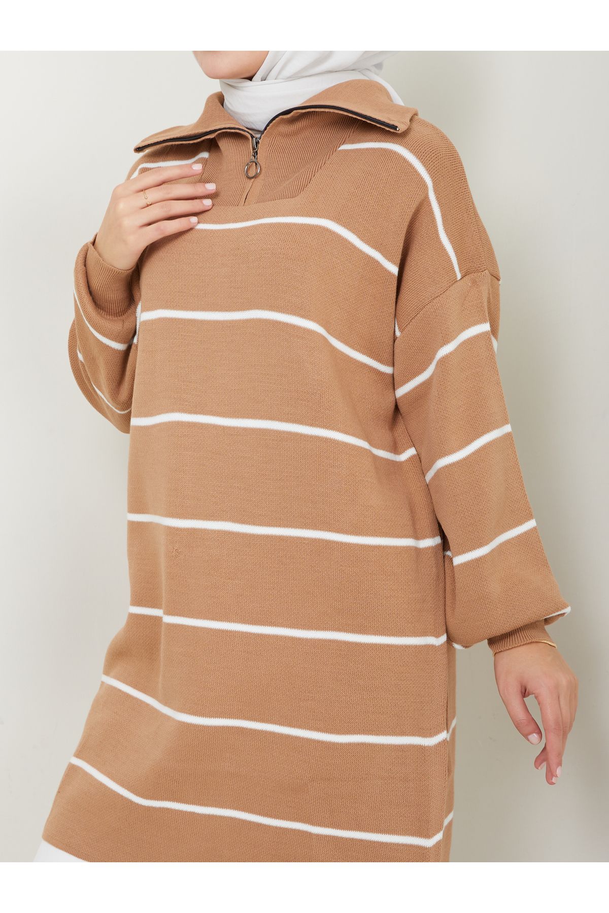 VOLT CLOTHİNG-Women's Striped Zippered Knitwear Tunic 7