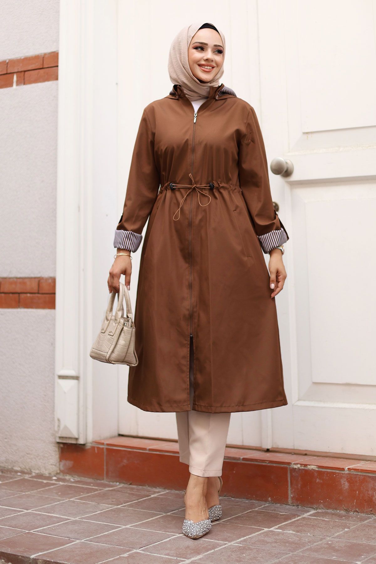 Tesettür Dünyası-Trench Coat Zipped and Striped - Brown Tsd 240923 1