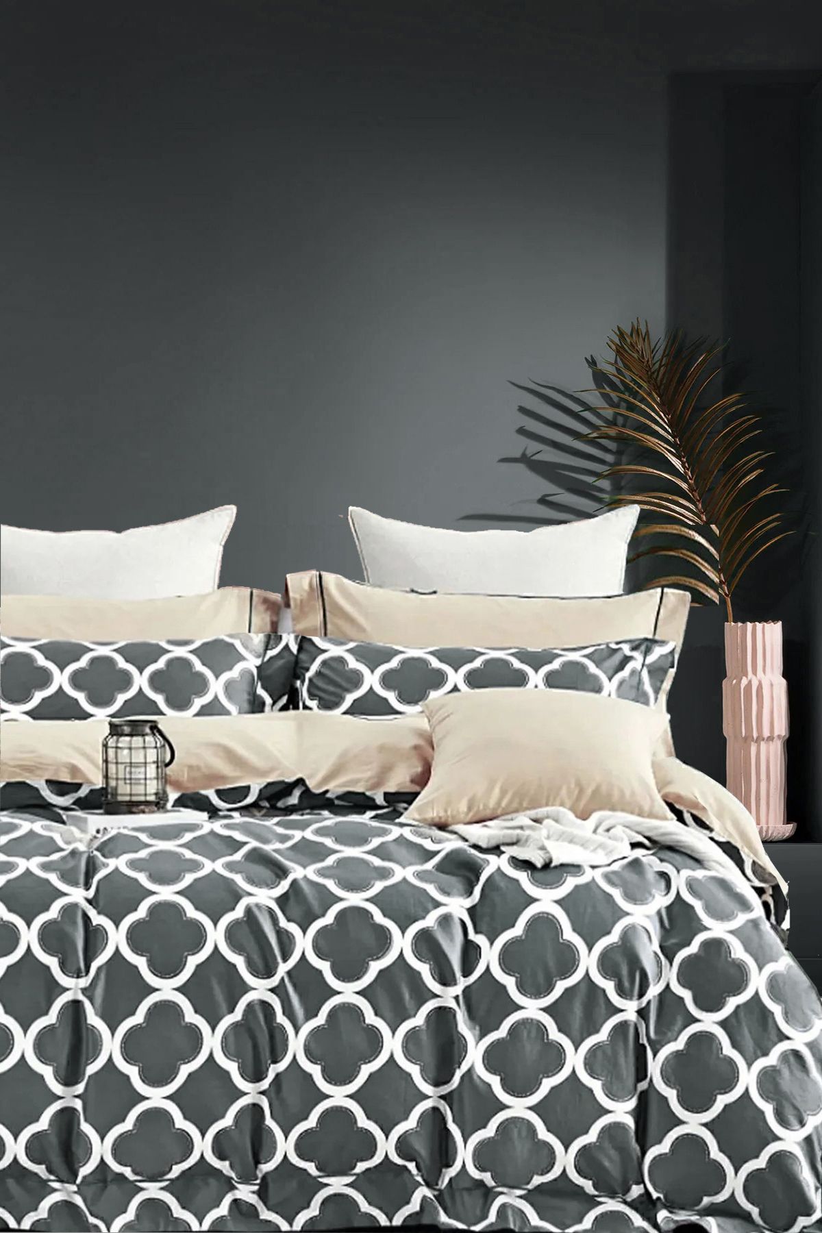 İQON-Fitted Sheets Duvet Cover Set Double HONEYCOMB GRAY 1