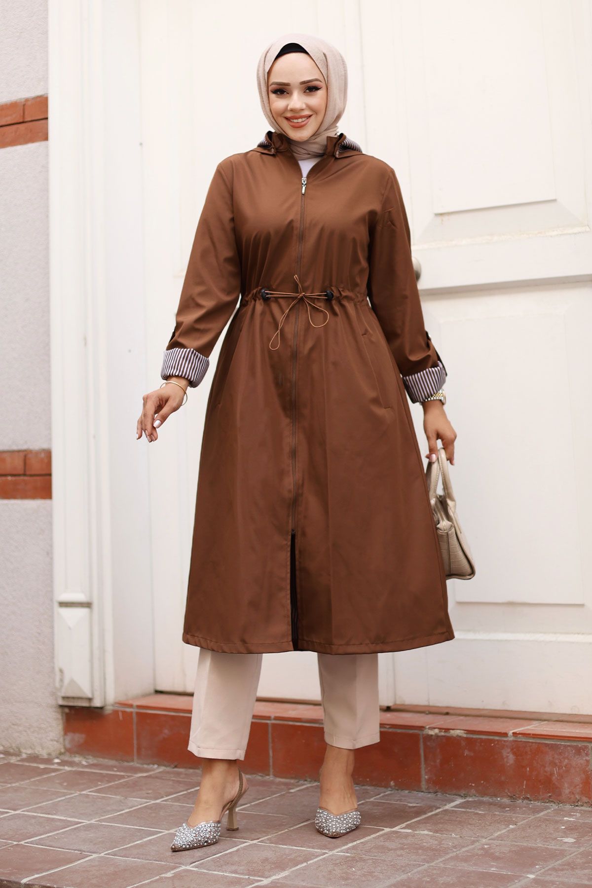 Tesettür Dünyası-Trench Coat Zipped and Striped - Brown Tsd 240923 4