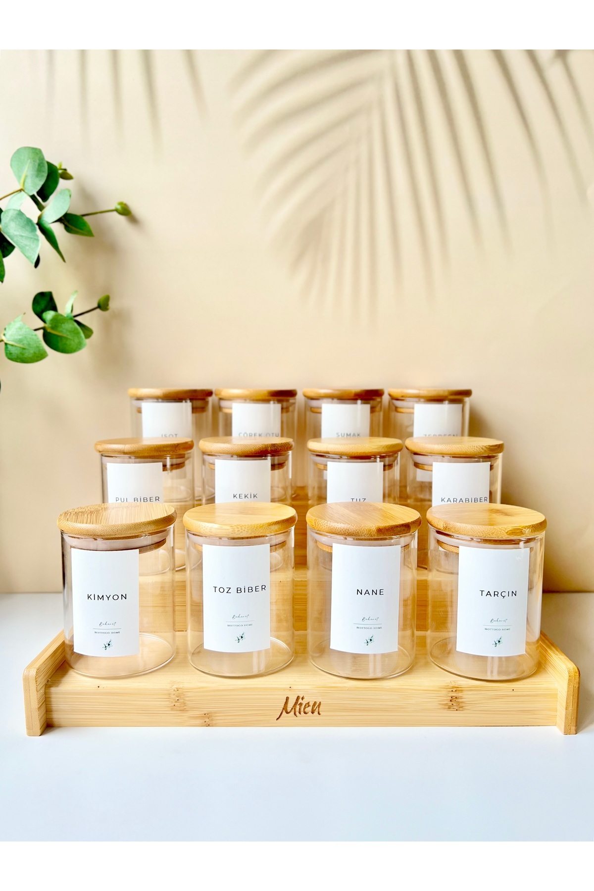 Mottogo-12-Piece 250 ml Spice Jar Set and Bamboo Ladder Stand - Water Resistant with Label 2