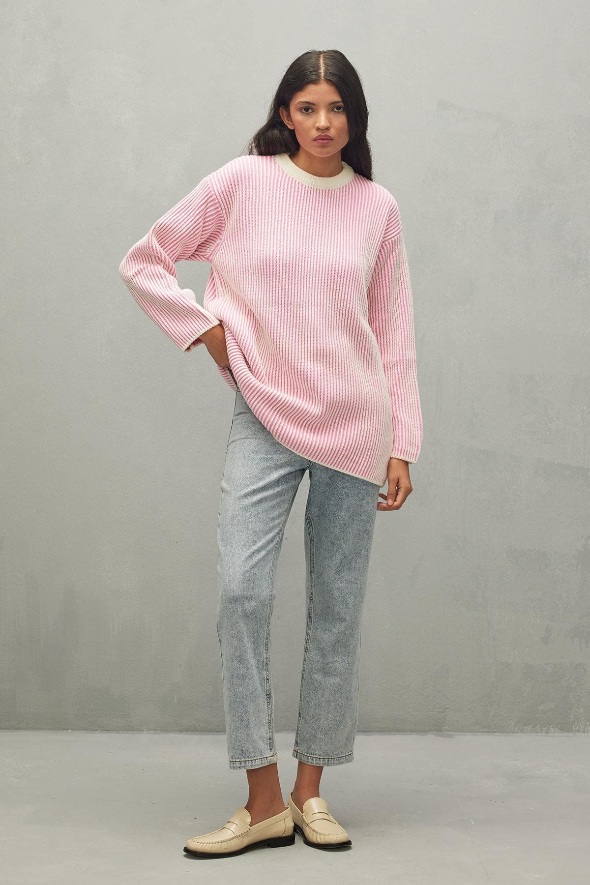 Fahhar-Pink Striped Soft Patterned Sweater 1