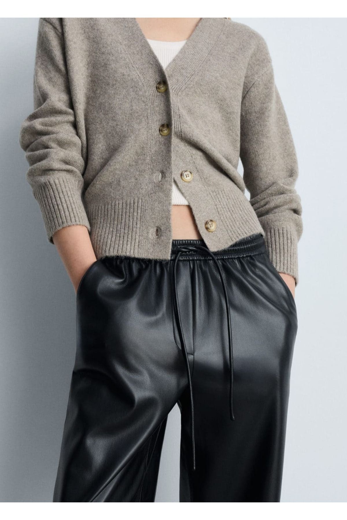 MANGO Woman-Leather look elastic waist pants 6