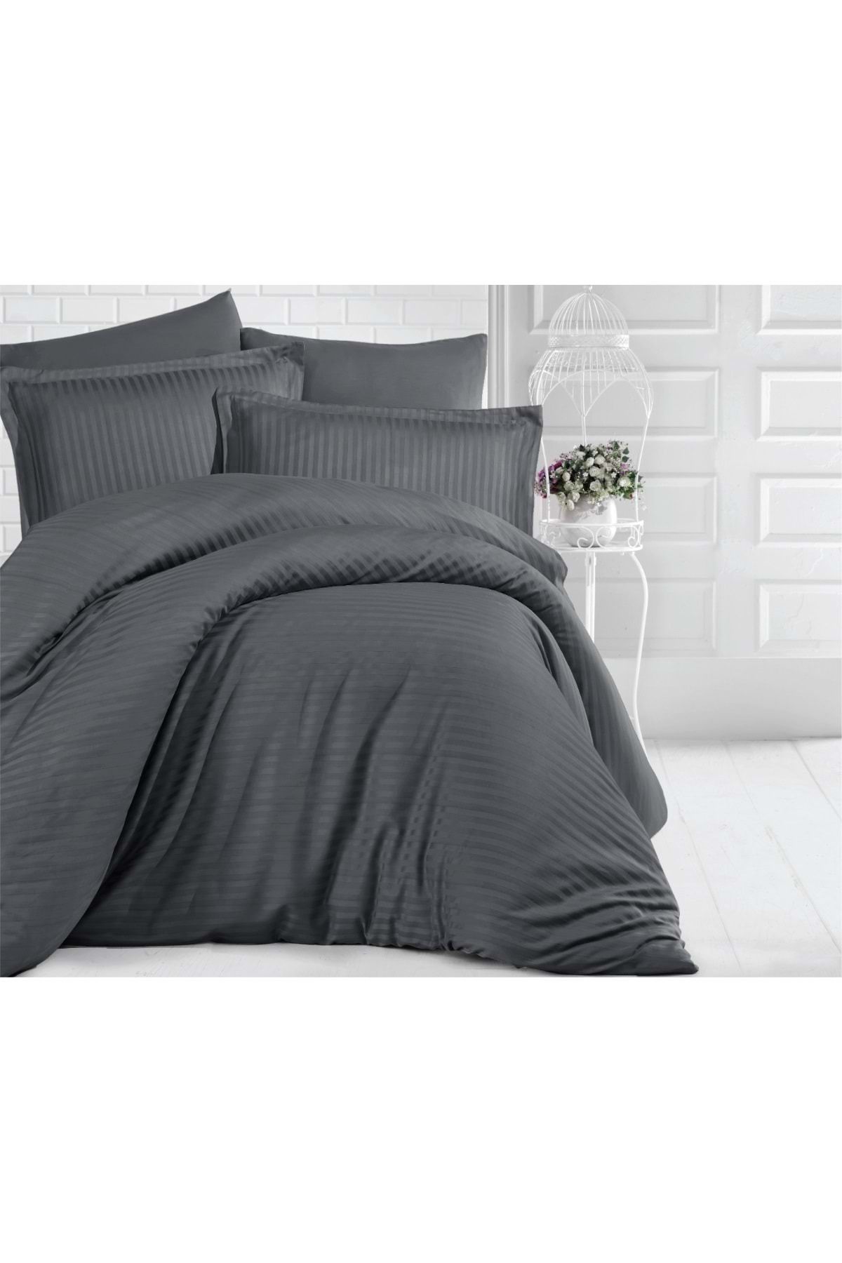 Clasy-Striped Satin Double Duvet Cover Set Solid Color Smoked 1