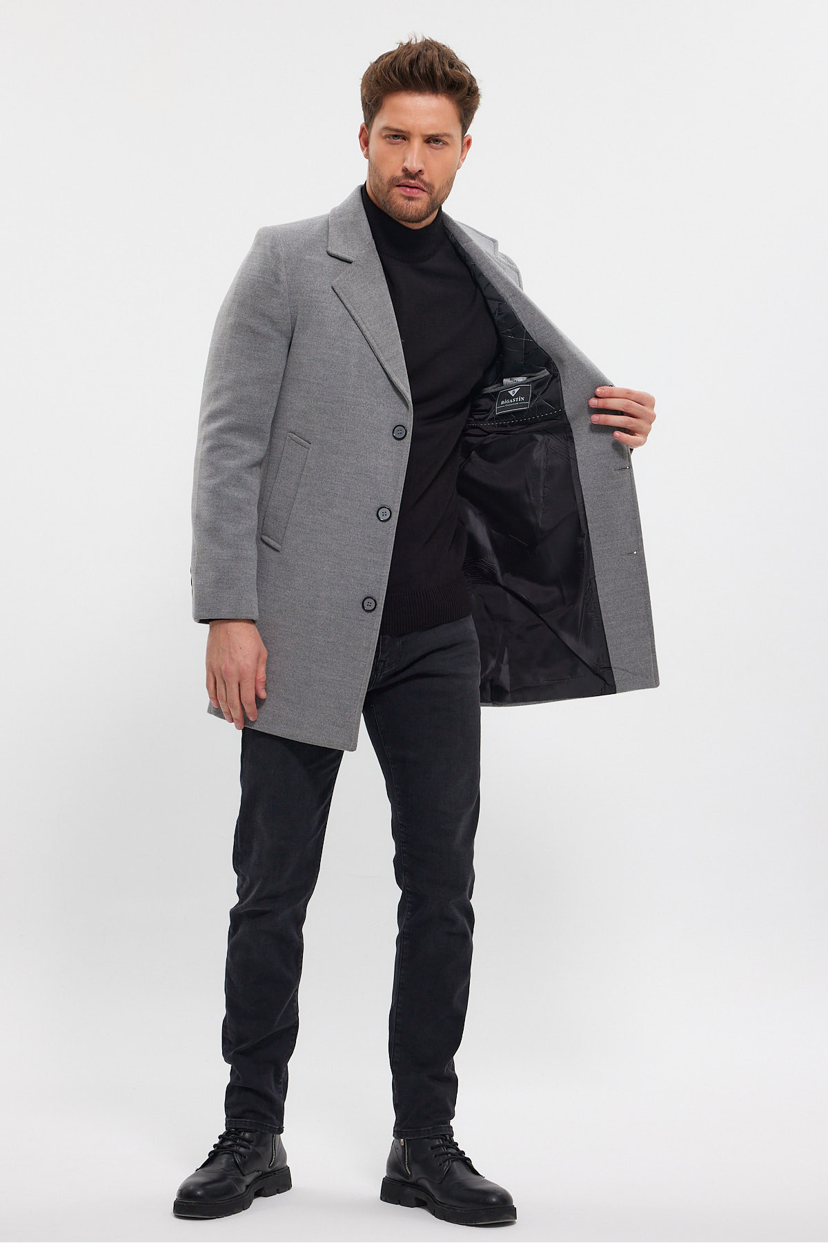 TREND KOMBİN  Erkek Gri Ceket Yaka Standart Fit Kaşe Kaban - Görsel 3