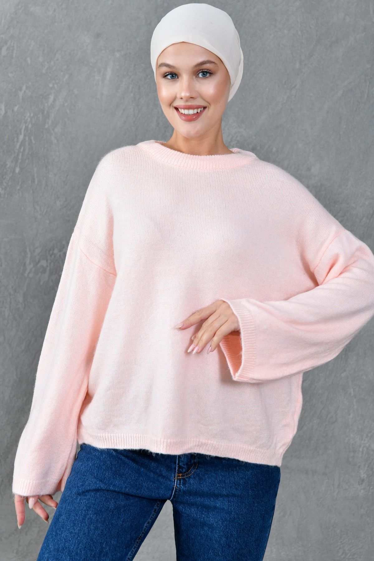 bayansepeti-Wide Sleeve Off Shoulder Crew Neck Long Sleeve Powder Oversize Knitwear Hijab Sweater 5