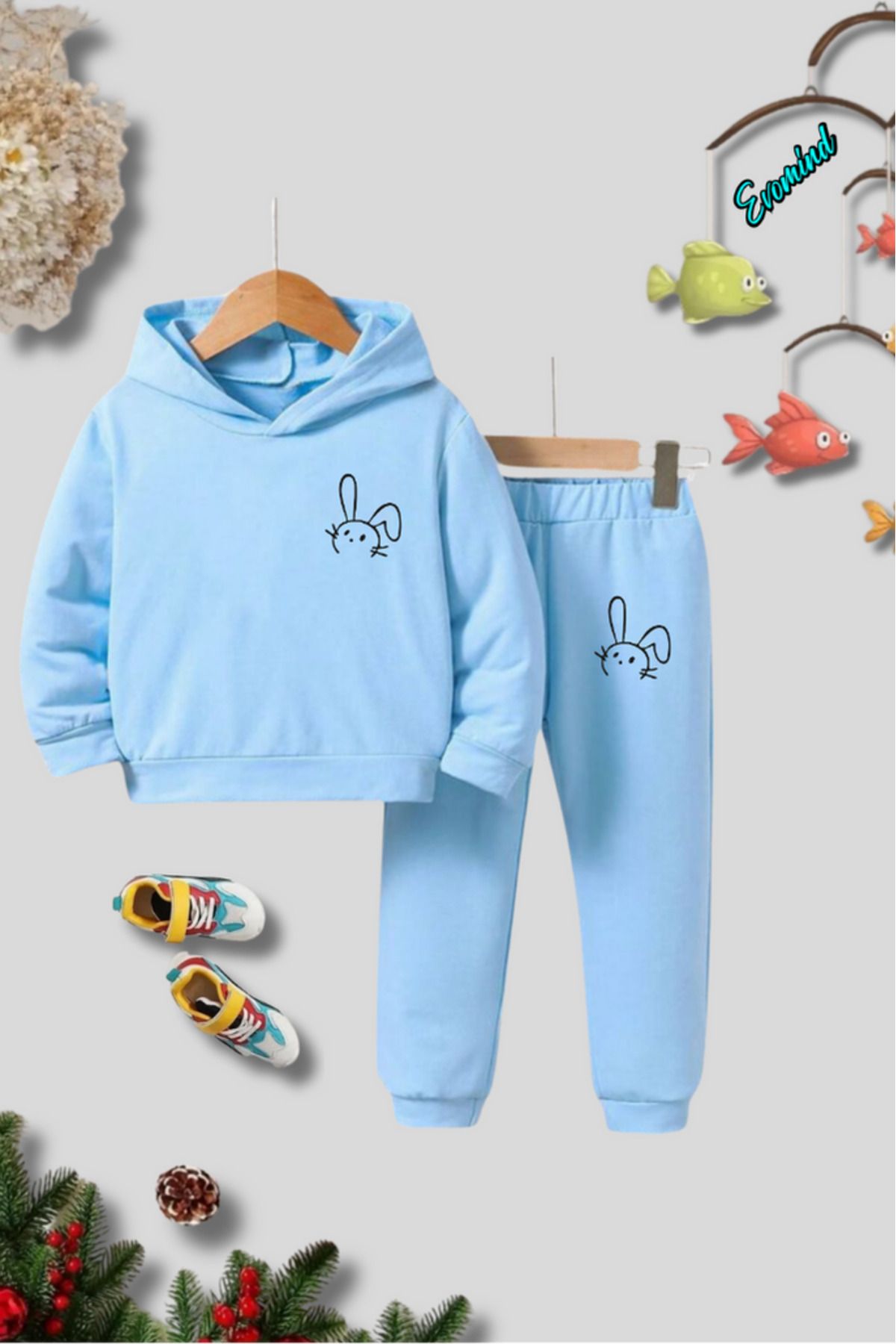 artı4-Unisex Little Rabbit Printed Hooded Children's Tracksuit Set 1