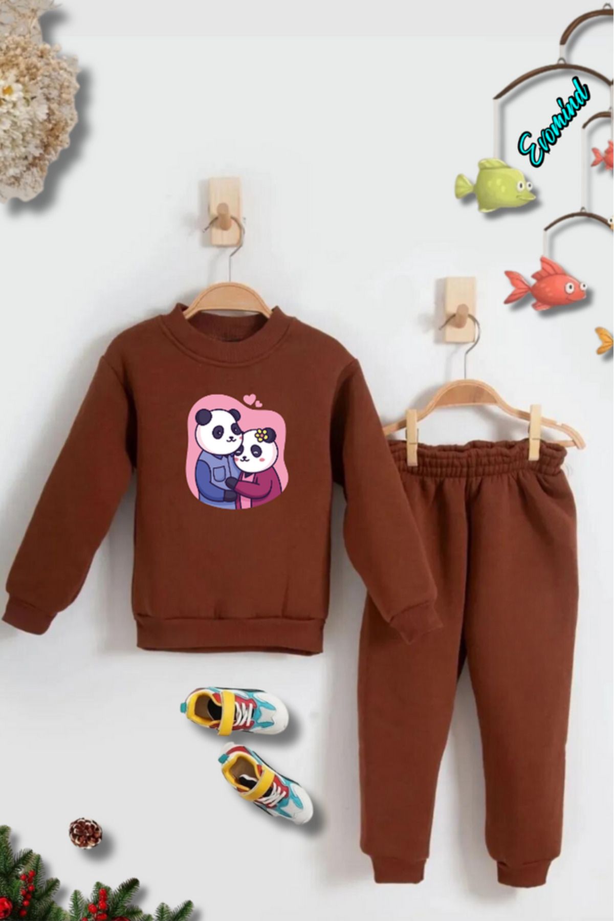 artı4-Unisex Double Panda Printed Crew Neck Children's Tracksuit Set 1