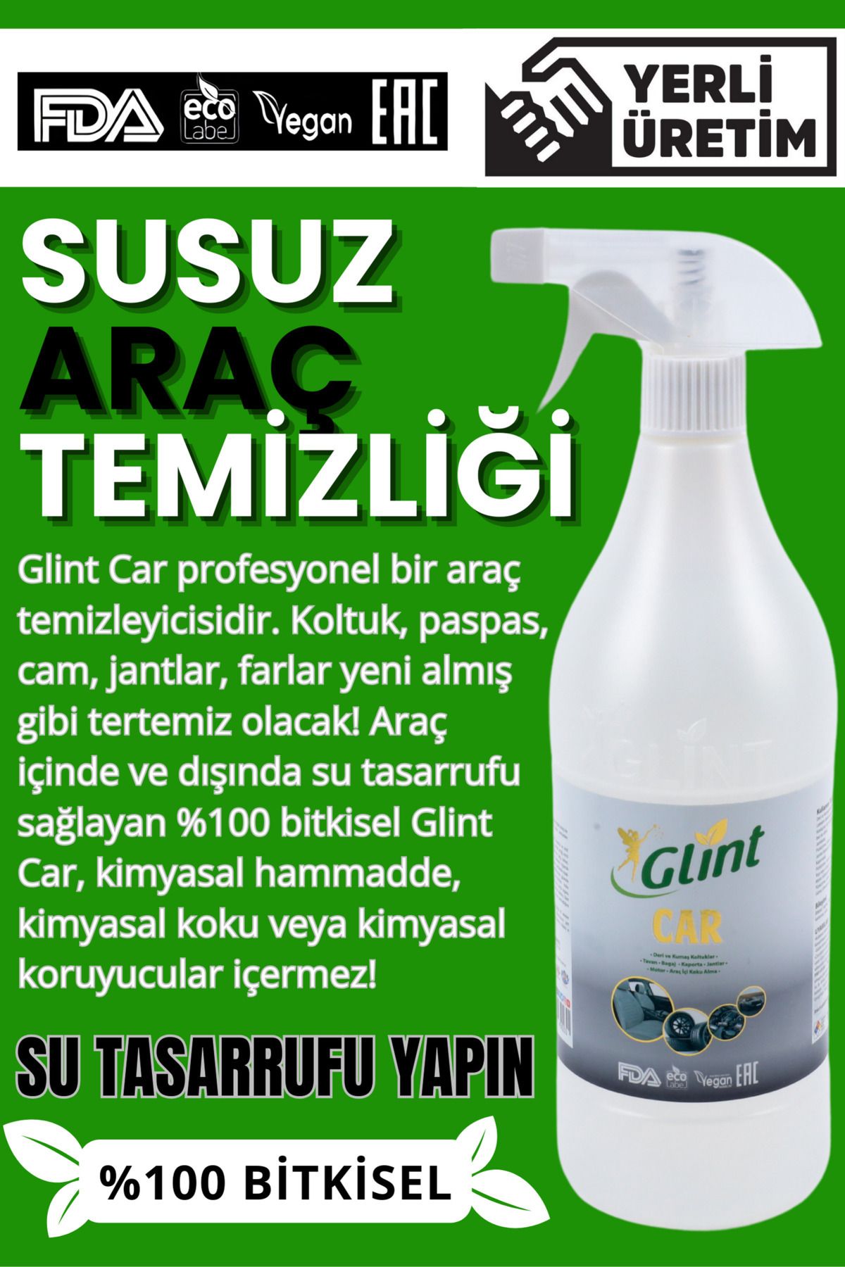 GLİNT Car 1 Litre %100 Bitkisel Çok Amaçlı Oto Temizleyici Araç Far Koltuk Paspas Temizleme Jant Parlatıcı