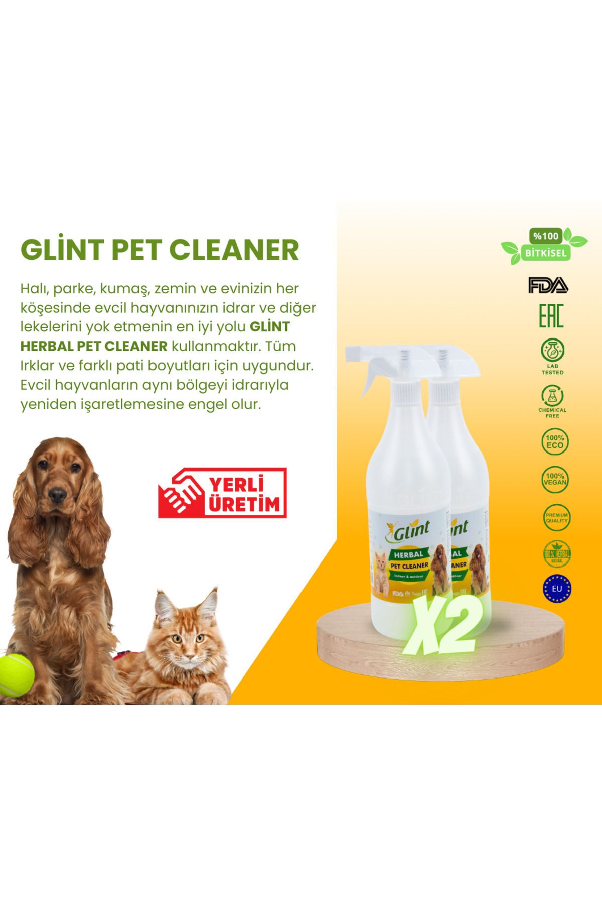 GLİNT Pet Cleaner 2x1 Lt %100 Bitkisel Köpek Pire Dış Parazit Bit Kene Uyuz Önleyici Koku Giderici Sprey