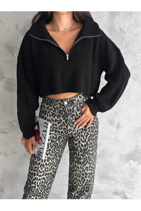 VOOLSTYLE Kadın Oversize Yarım Fermuarlı Yarım Balıkçı Yaka Triko Kazak