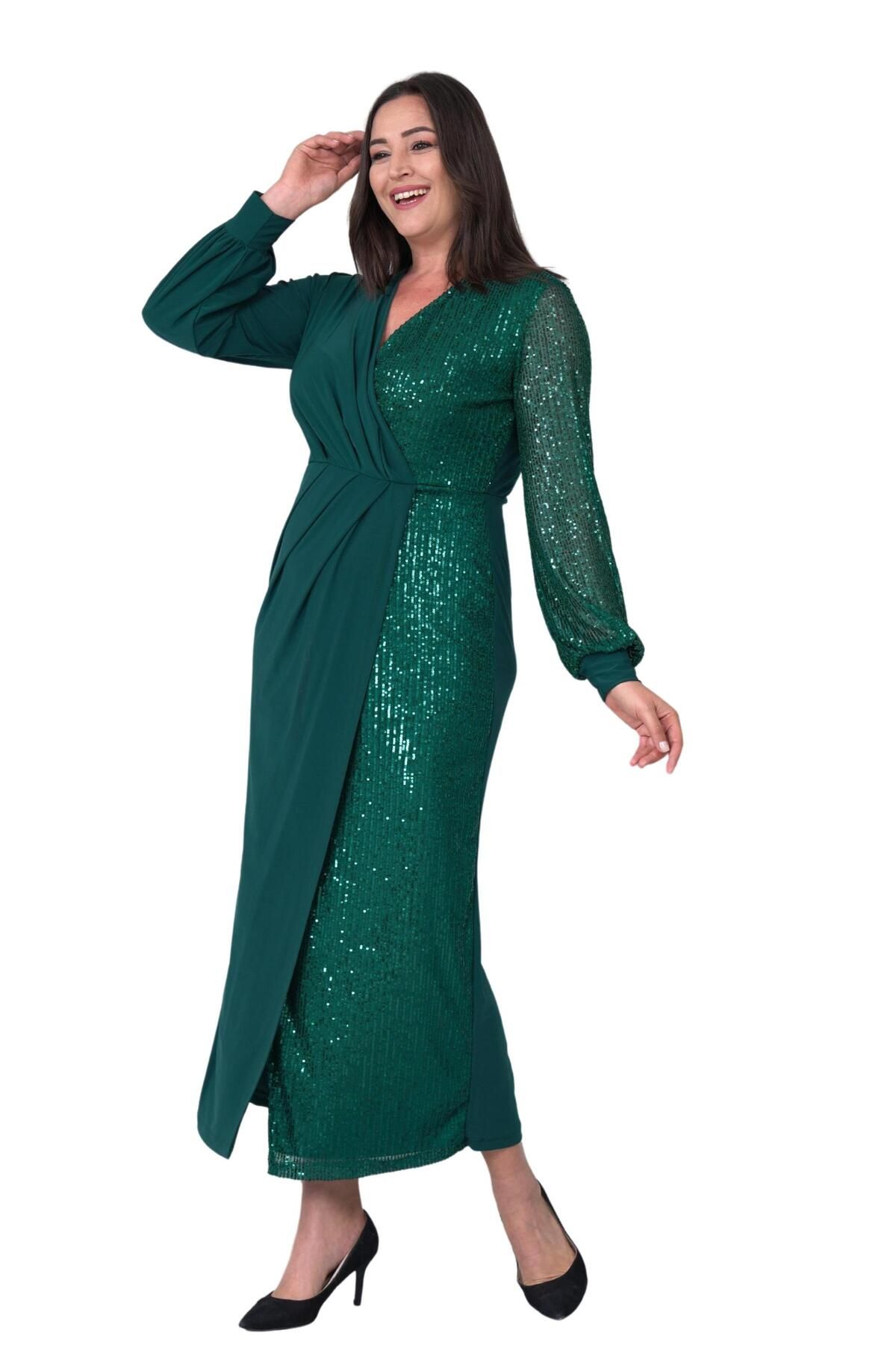 Moda Amore-Double Breasted Collar Midi Length Plus Size Evening Dress - Sequined and Slit 017 8