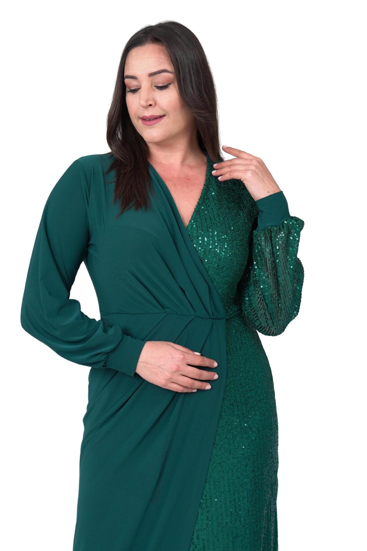 Moda Amore-Double Breasted Collar Midi Length Plus Size Evening Dress - Sequined and Slit 017 2