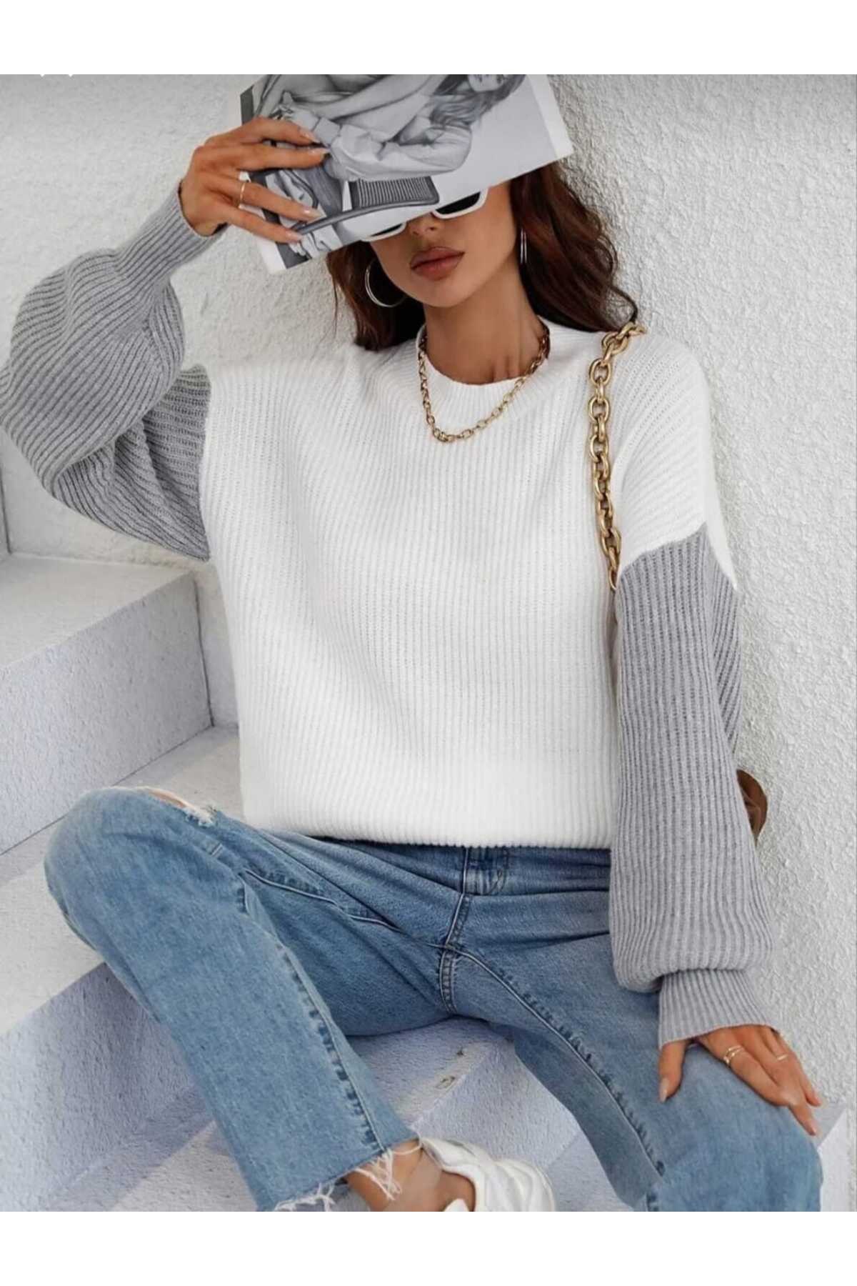 MODASPARK Kadın Kolu Renkli selanik Örgü Beyaz Kazak görsel 4