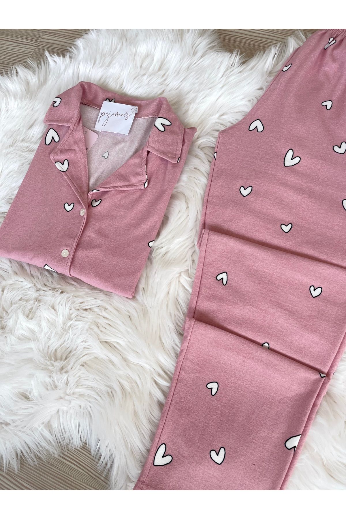 Pijamacs-Pink Heart Patterned Suede Shirt Collar Long Sleeve Pajama Set 5