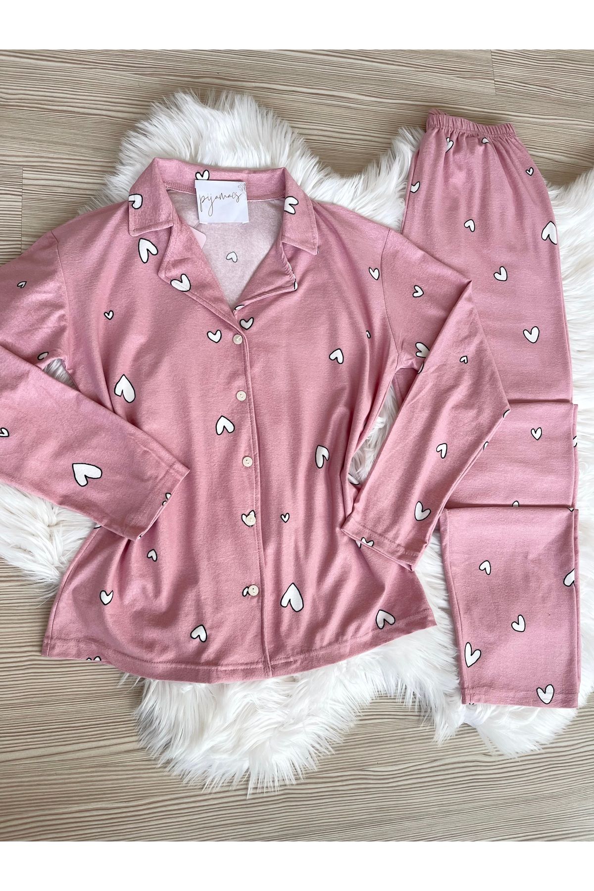 Pijamacs-Pink Heart Patterned Suede Shirt Collar Long Sleeve Pajama Set 6